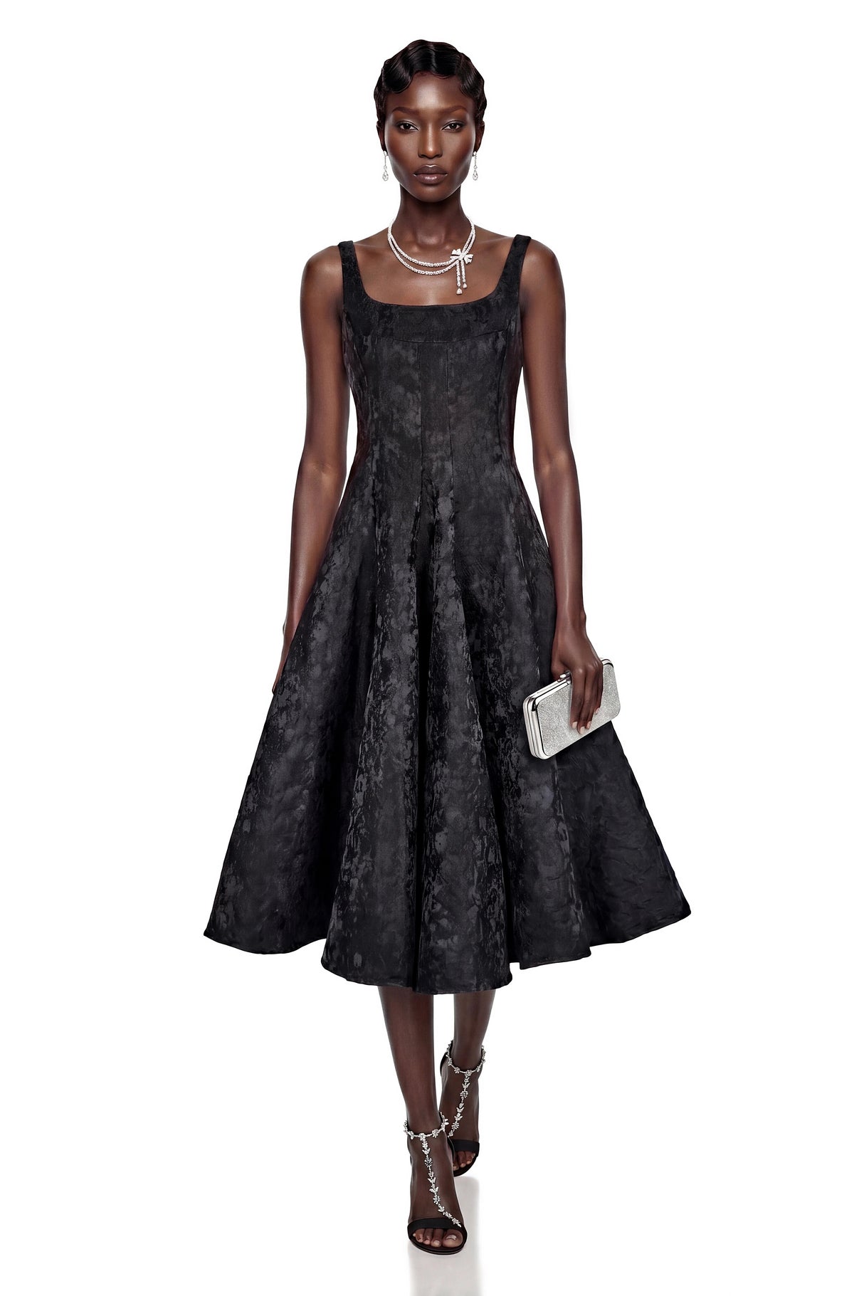 Lavender Black Square Neck Floral Print Midi Dress
