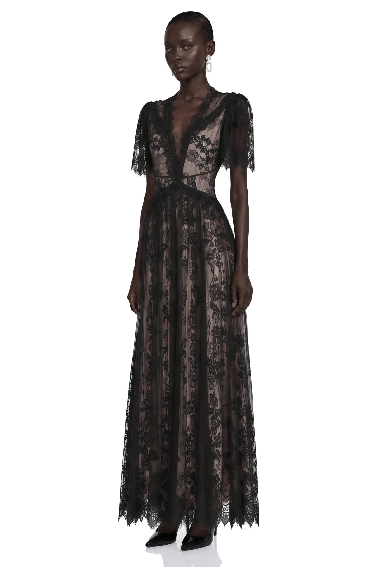 Lavinia Black Sheer Lace VNeck Maxi Dress
