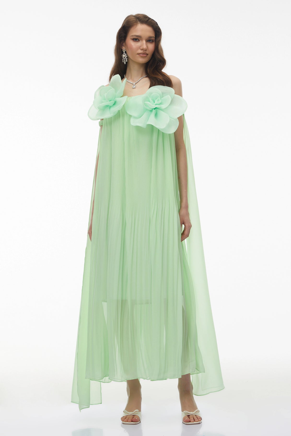 Leah Green Off Shoulder Maxi Dress with 3D Florals