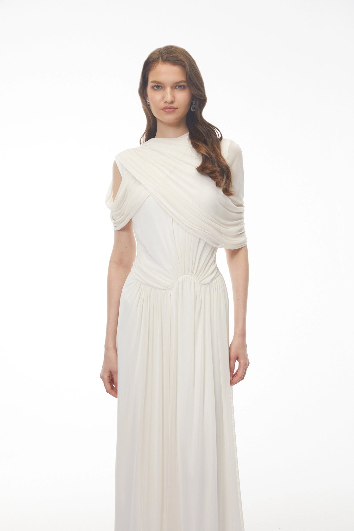 Leah White Asymmetrical Cross Front Maxi Dress