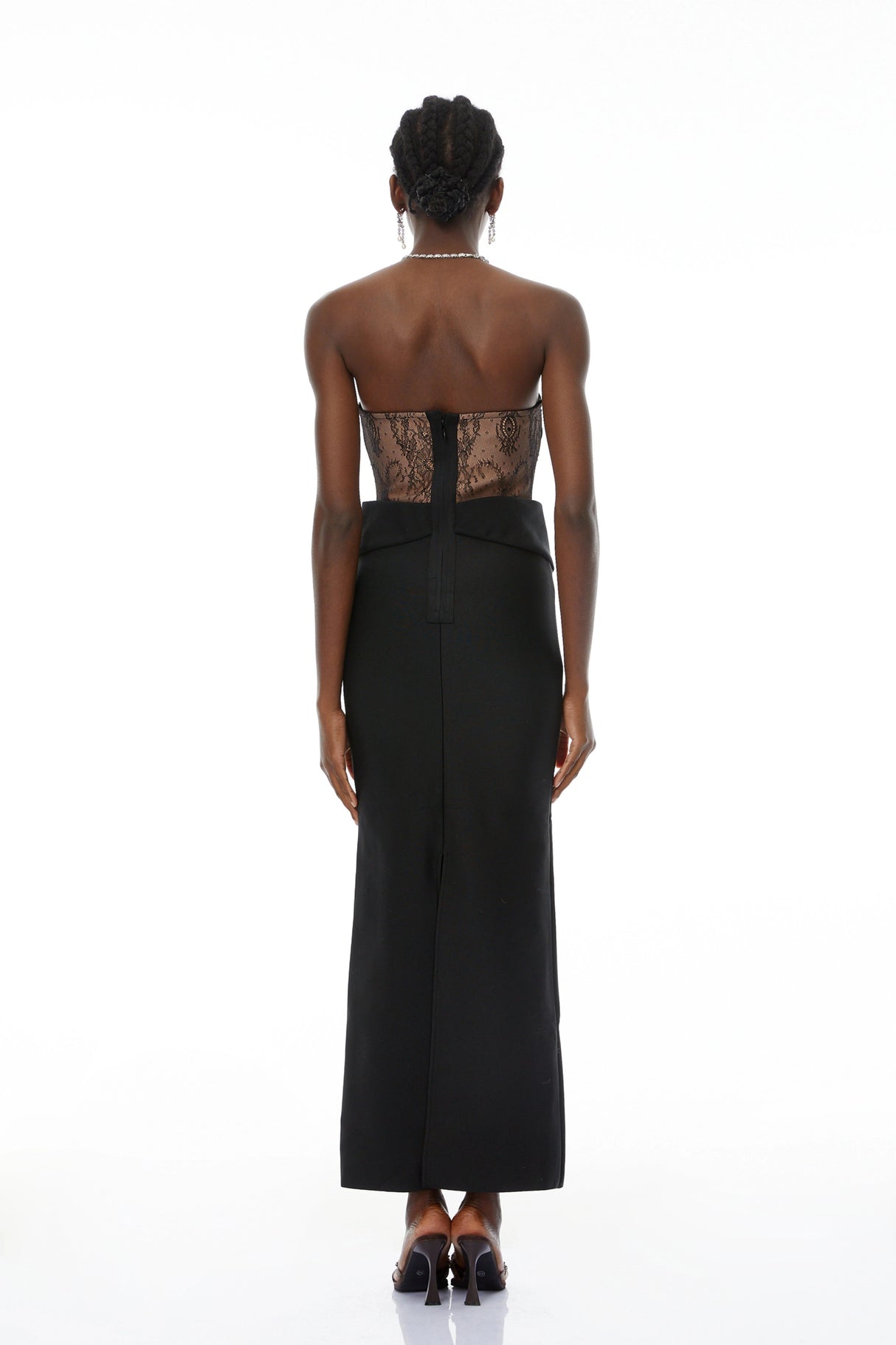 Leire Black Lace Panel Ruched Maxi Dress