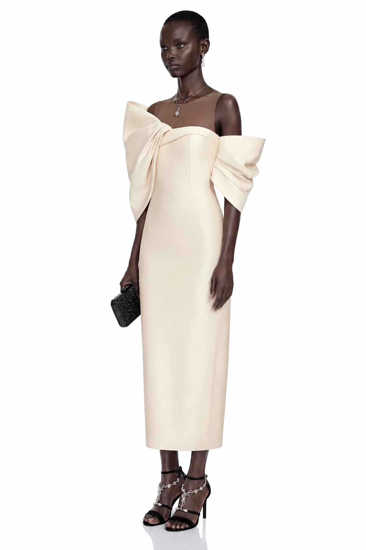 Leire Cream Midi Dress with Asymmetrical Bow Detail