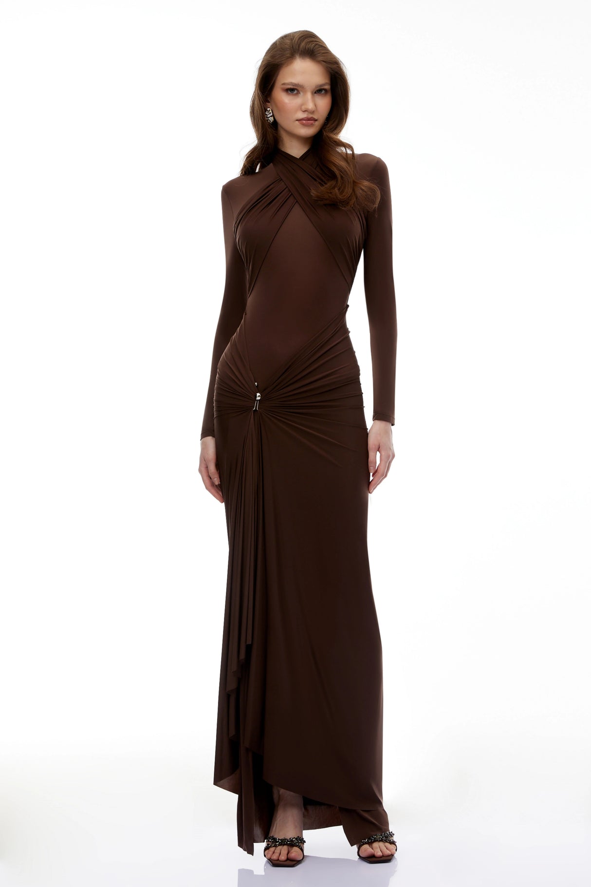 Lena Chocolate Brown Cross Front Maxi Dress