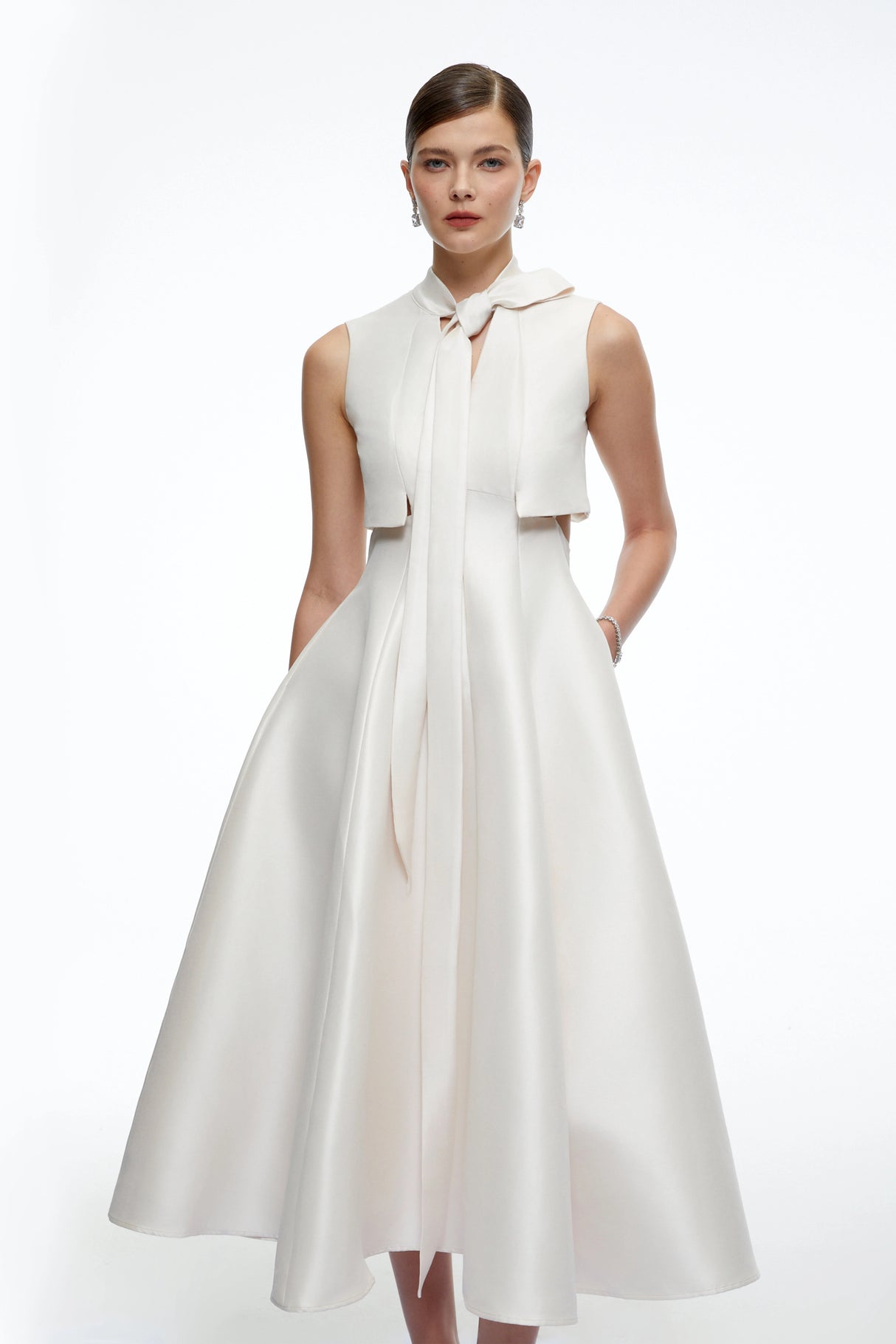 Leocadia Beige Satin Midi Dress with Bow