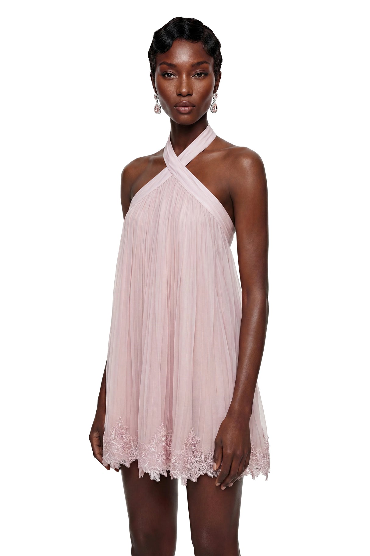 Léonie Pink Cross Front Mini Dress with Lace Trim