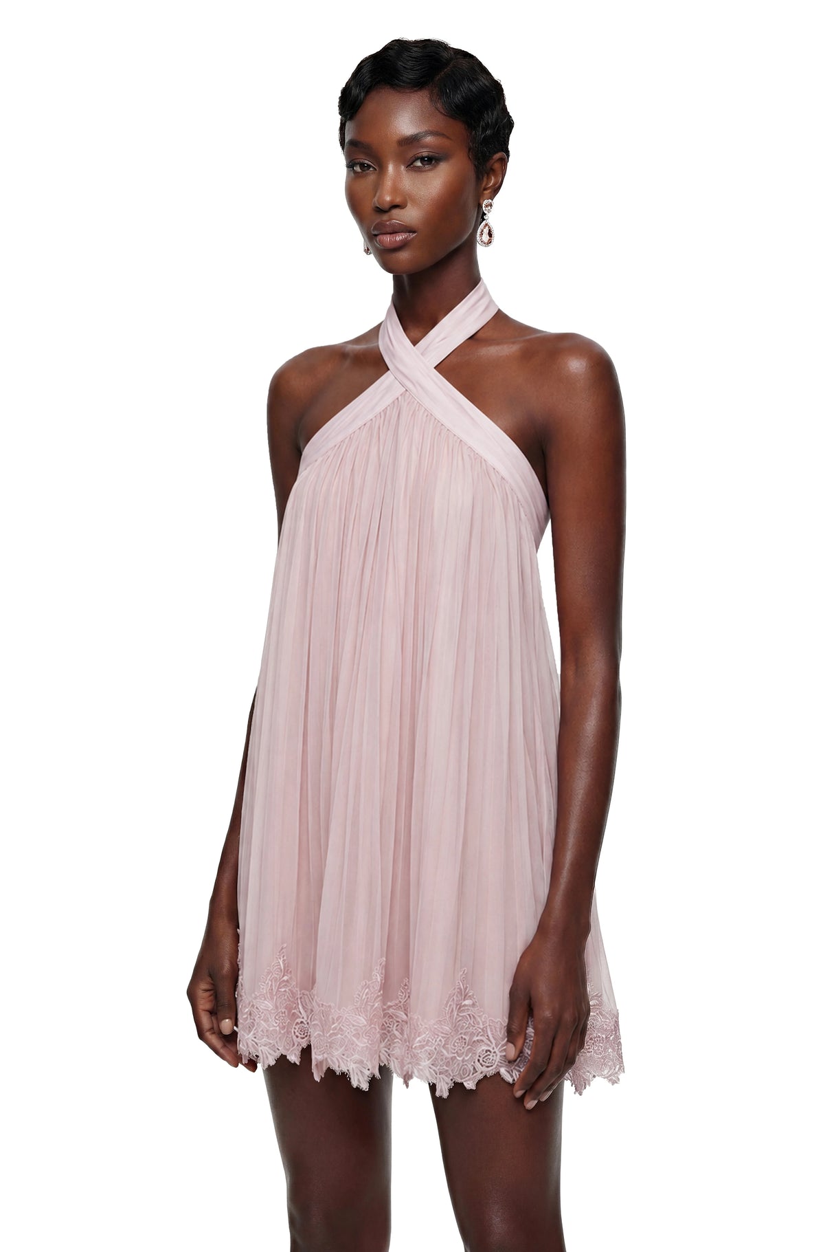 Léonie Pink Cross Front Mini Dress with Lace Trim
