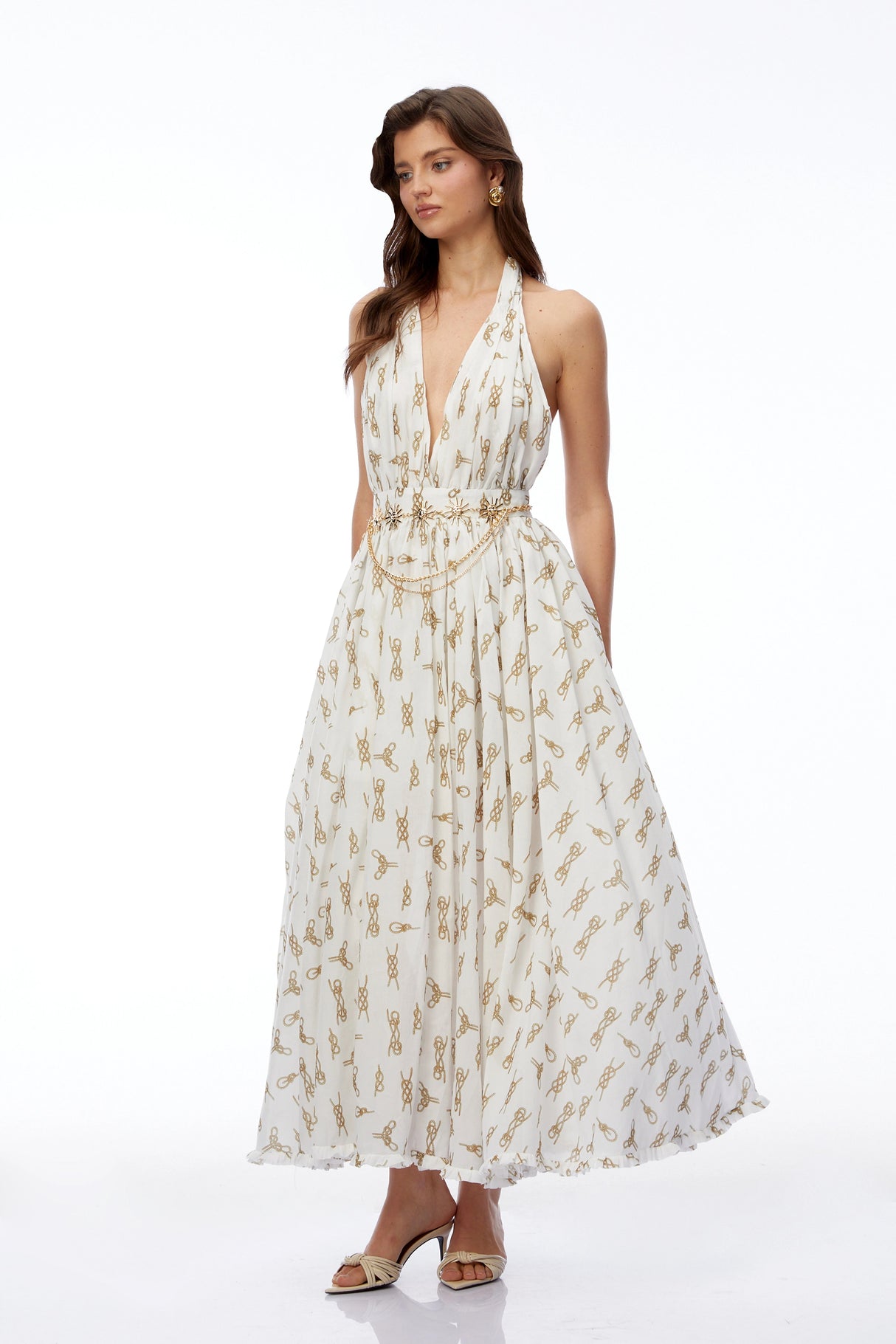 Leonora White Halterneck Ruched Maxi Dress