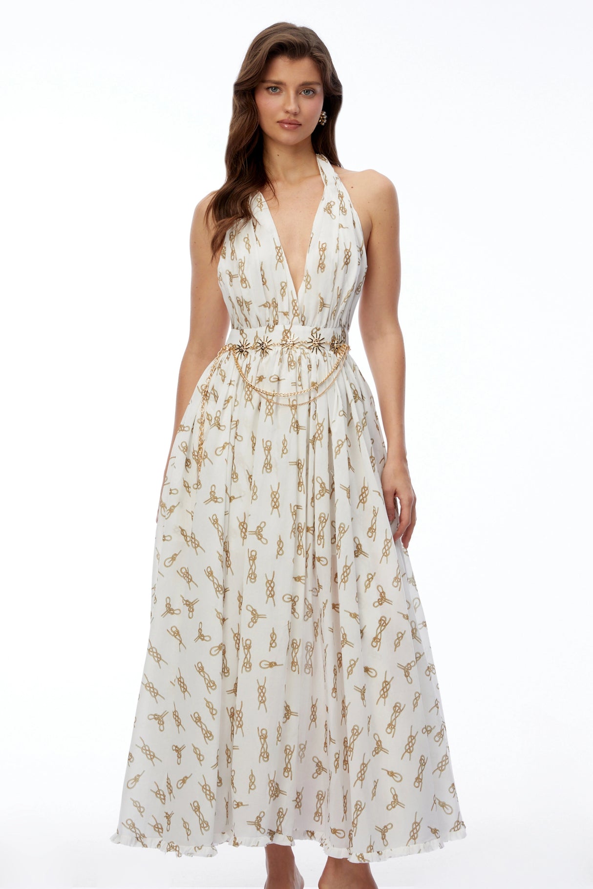 Leonora White Halterneck Ruched Maxi Dress