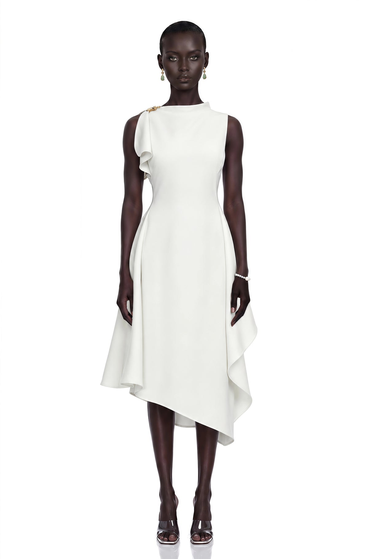 Liana White Asymmetrical Flared Midi Dress