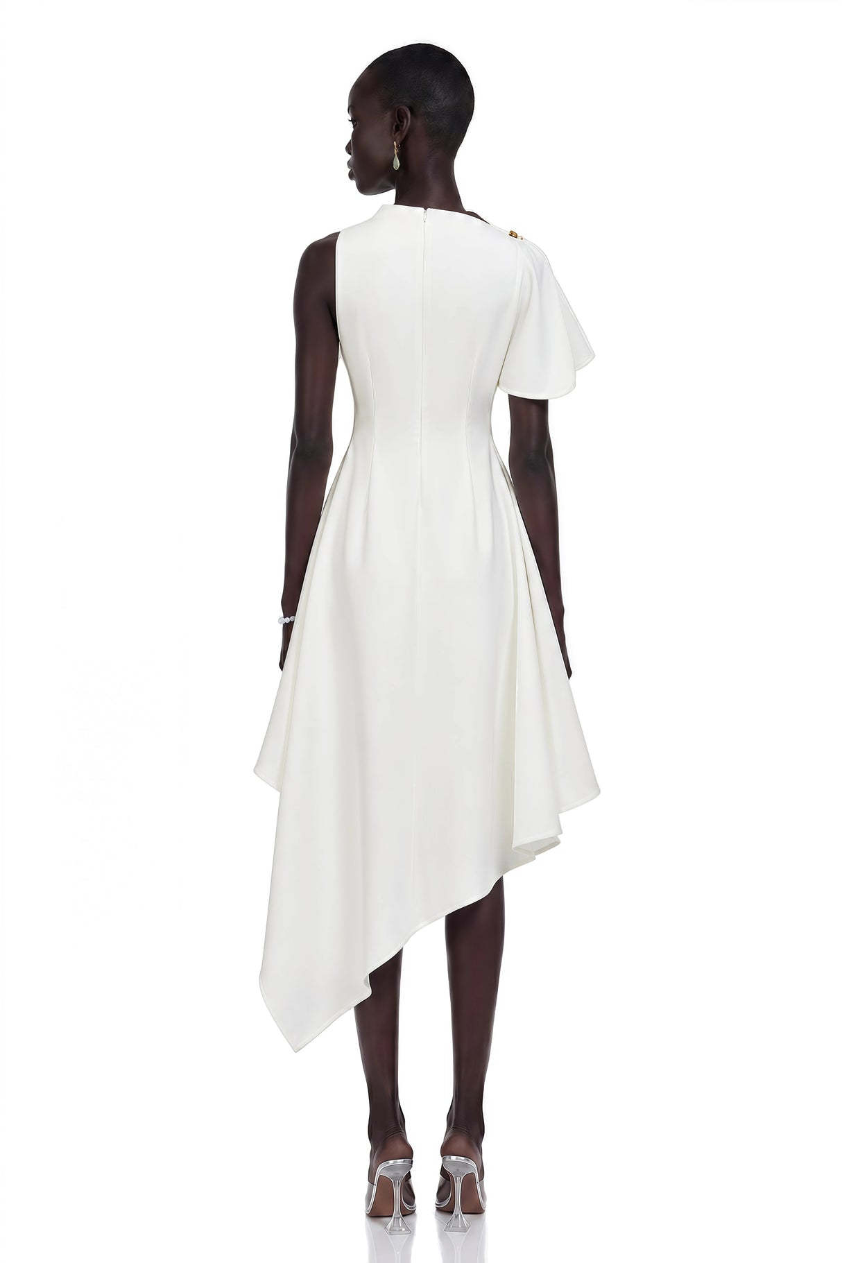 Liana White Asymmetrical Flared Midi Dress