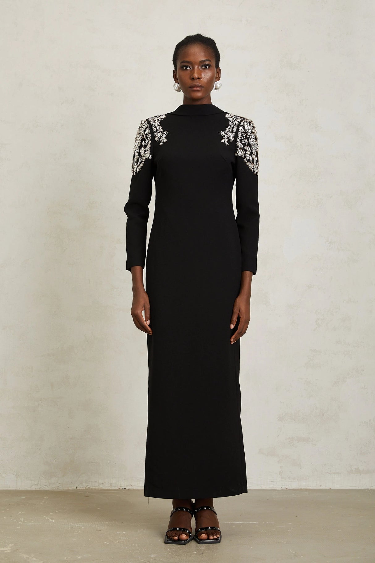 Lidia Black Open Back Embellished Maxi Dress