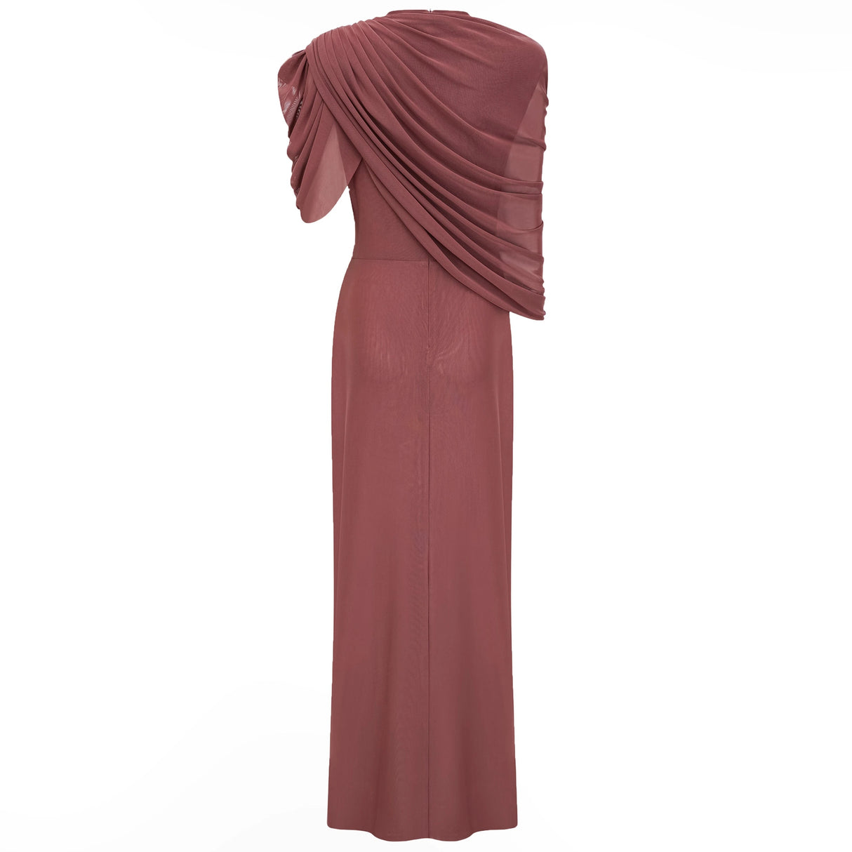 Liliana Brown Asymmetrical Ruched Cape Maxi Dress