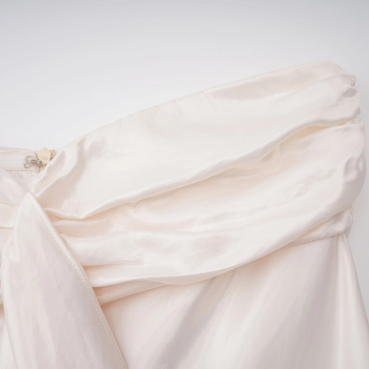Lilla Beige Strapless Ruffled Satin Maxi Dress