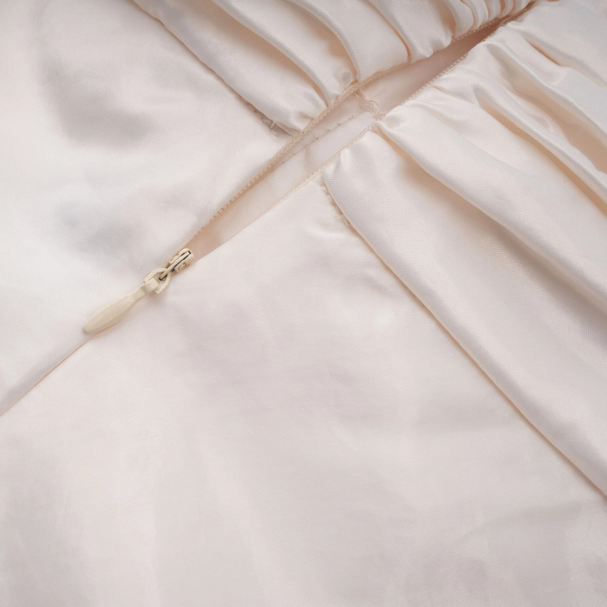 Lilla Beige Strapless Ruffled Satin Maxi Dress
