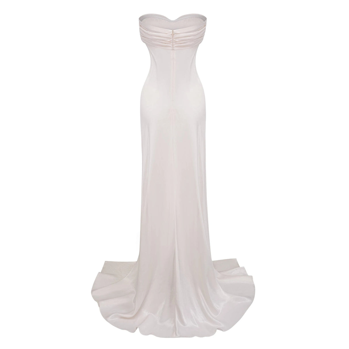Lilla Beige Strapless Ruffled Satin Maxi Dress