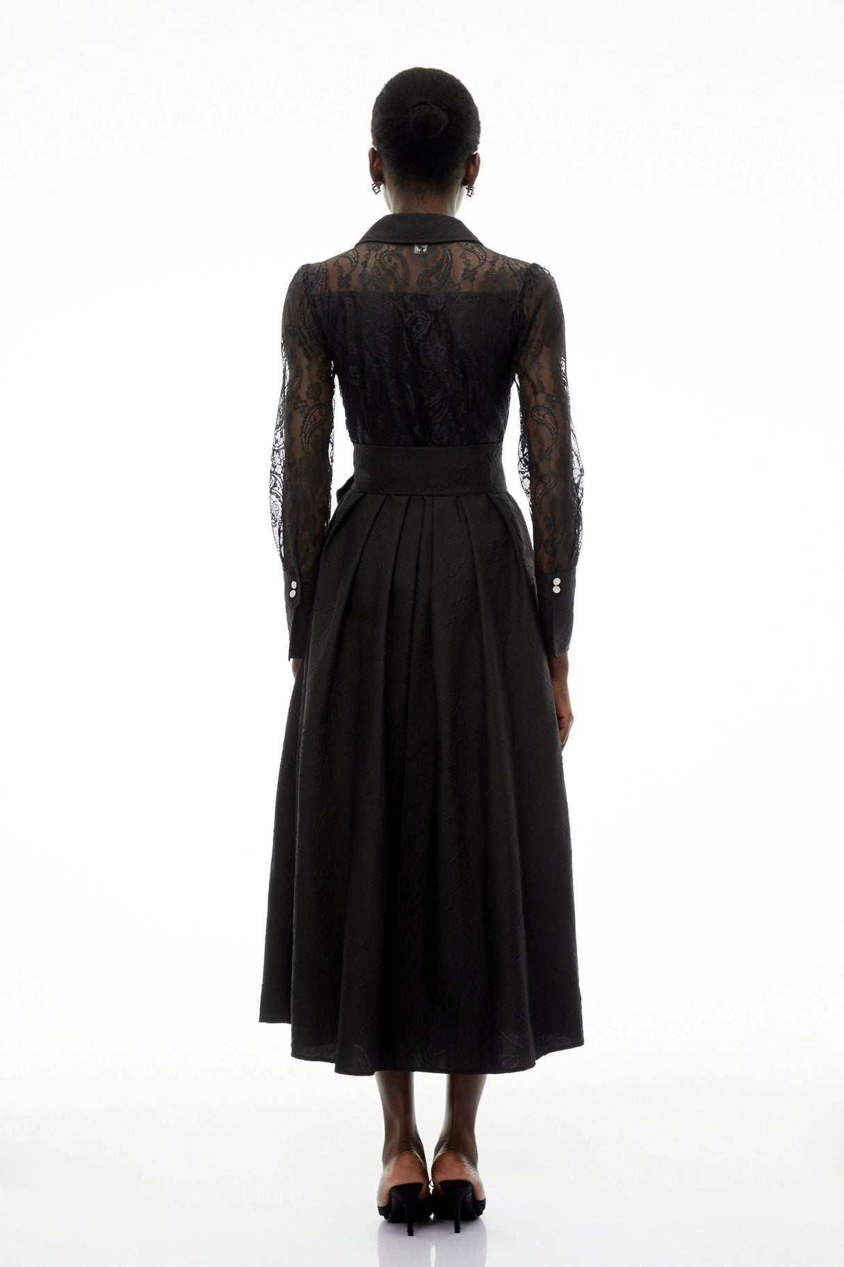Lilliana Black Lace Midi Dress with Lapel Collar