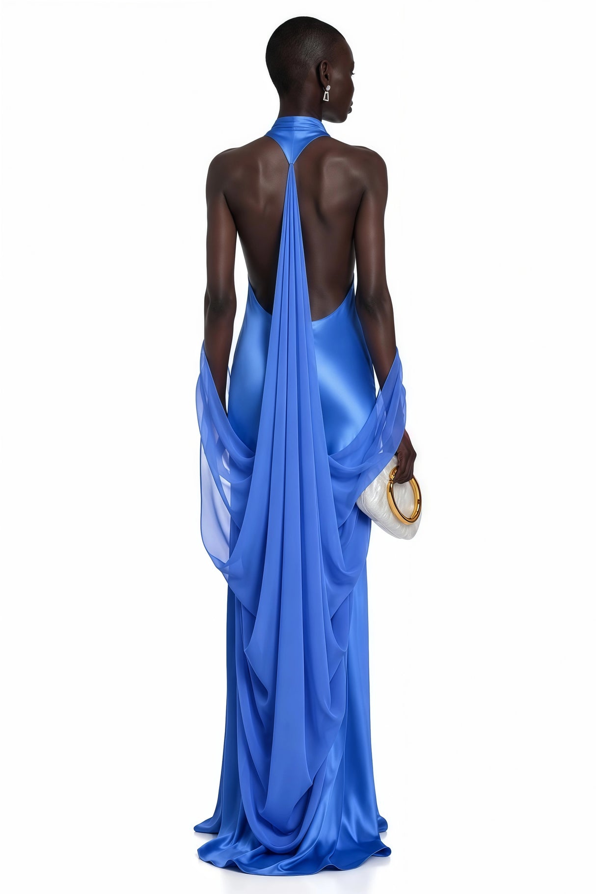Lilou Blue Backless Satin Maxi Dress with Chiffon Drape