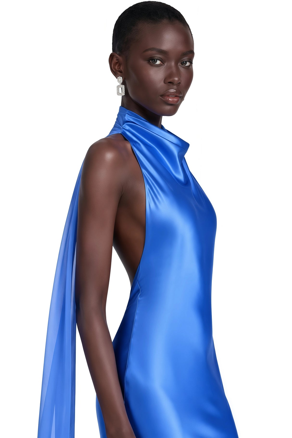 Lilou Blue Backless Satin Maxi Dress with Chiffon Drape