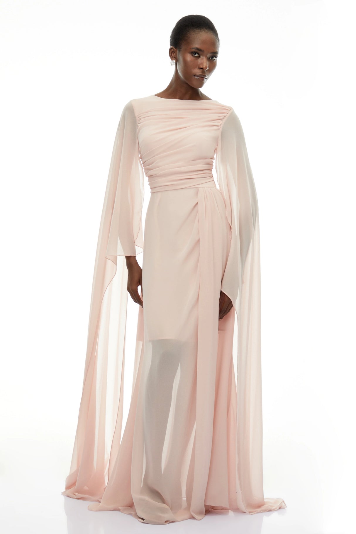 Lindsay Pink Ruched Maxi Dress with Draped Sleeves