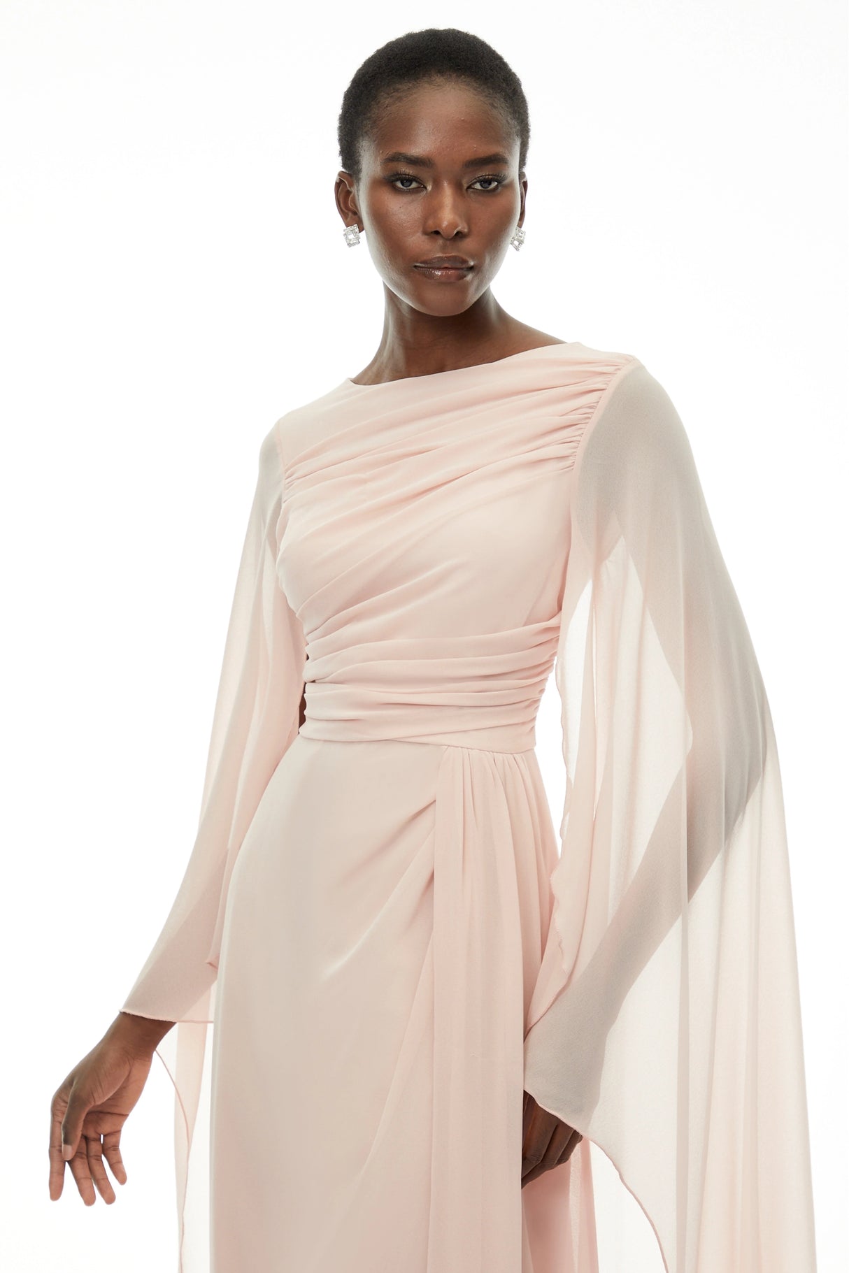 Lindsay Pink Ruched Maxi Dress with Draped Sleeves