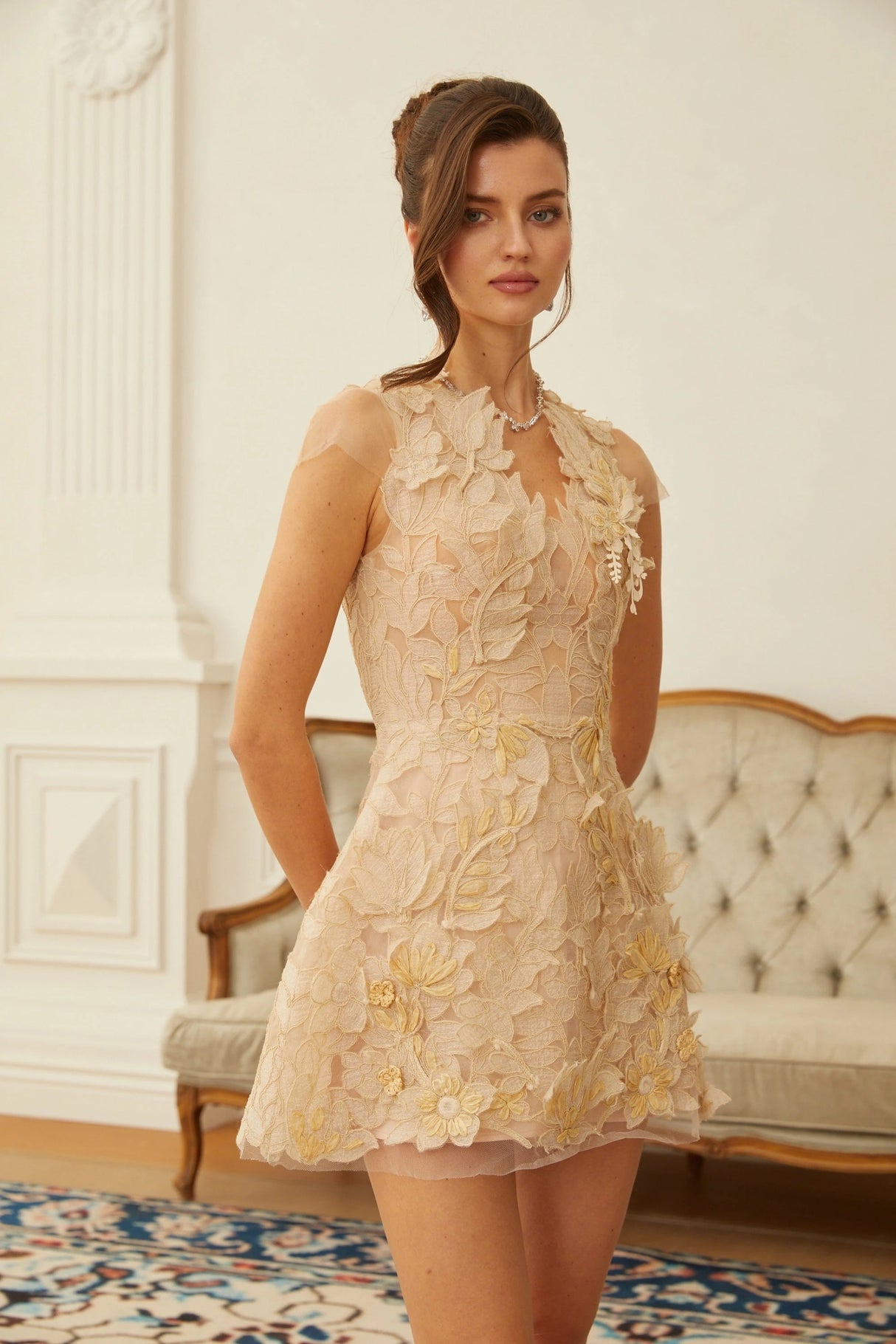 Linnea Neutral Floral Applique VNeck Mini Dress