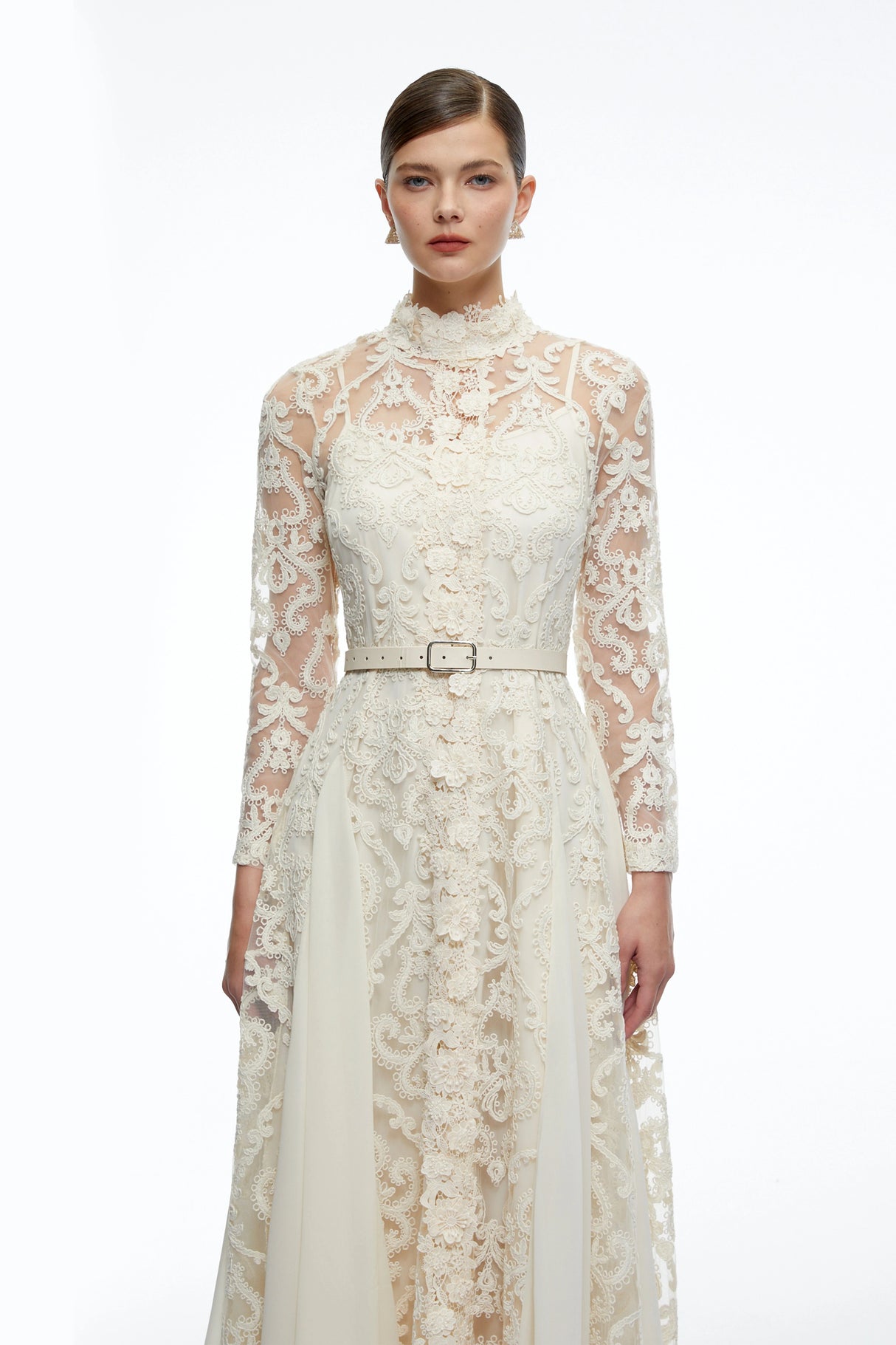 Linnea Neutral Long Sleeves Lace Midi Dress