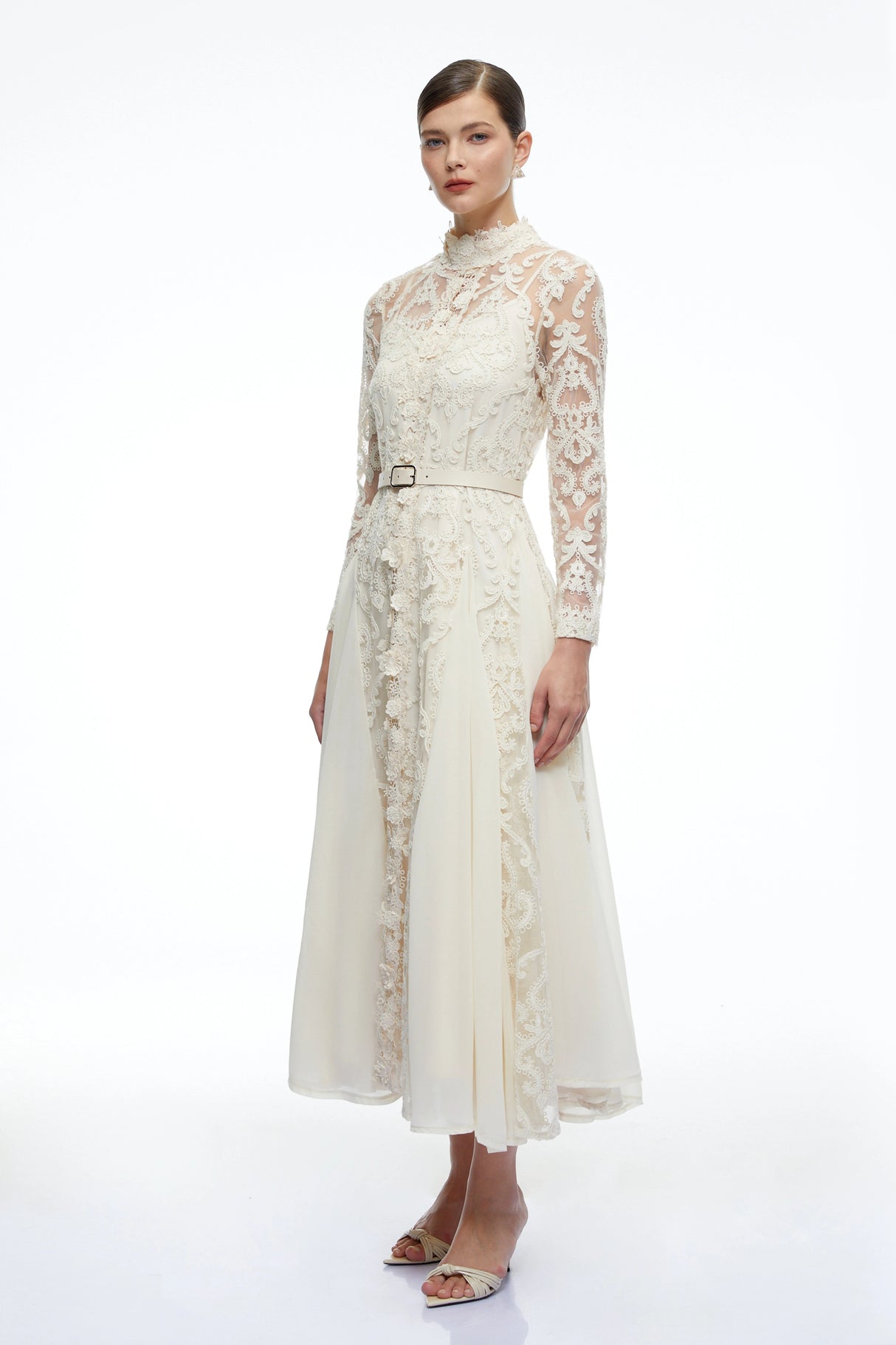 Linnea Neutral Long Sleeves Lace Midi Dress