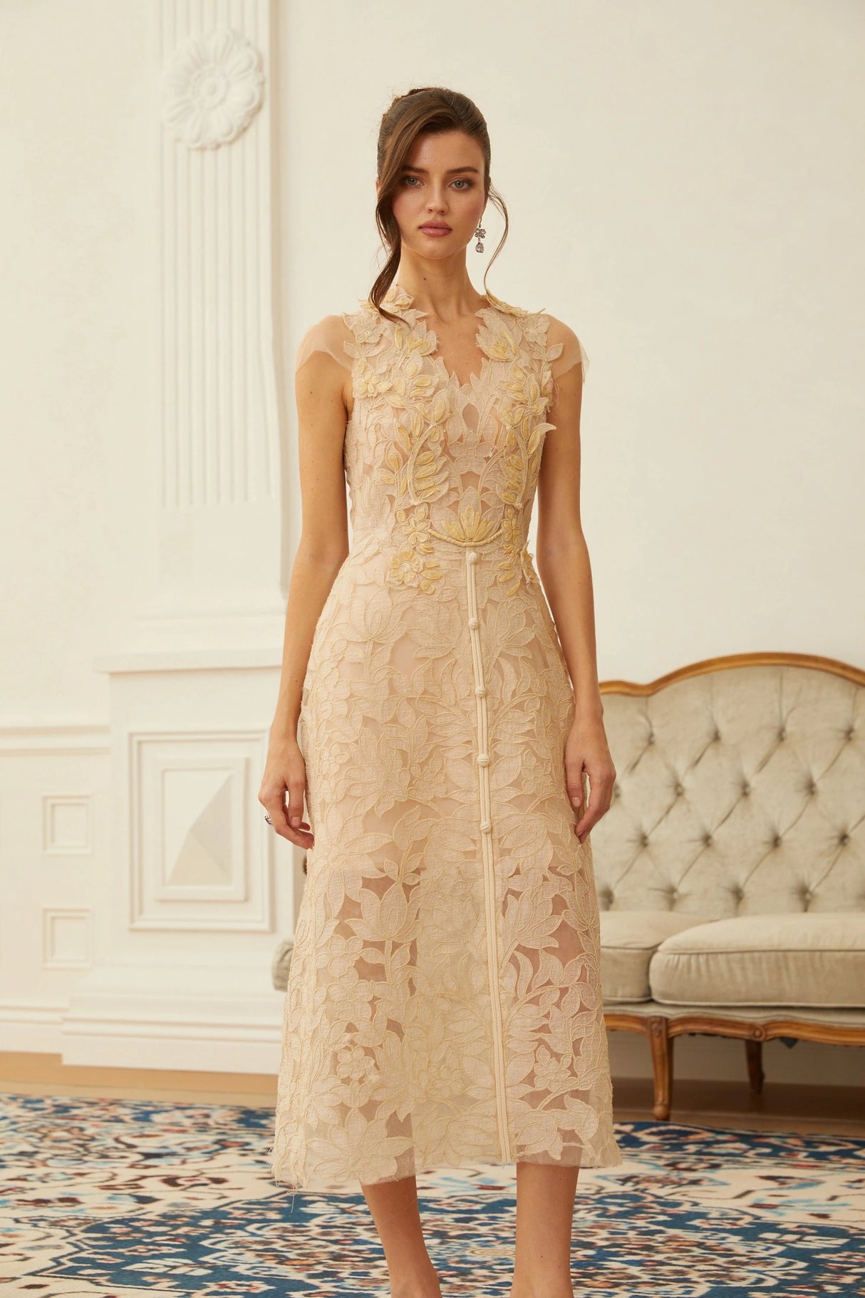 Linnea Nude Floral Applique VNeck Midi Dress