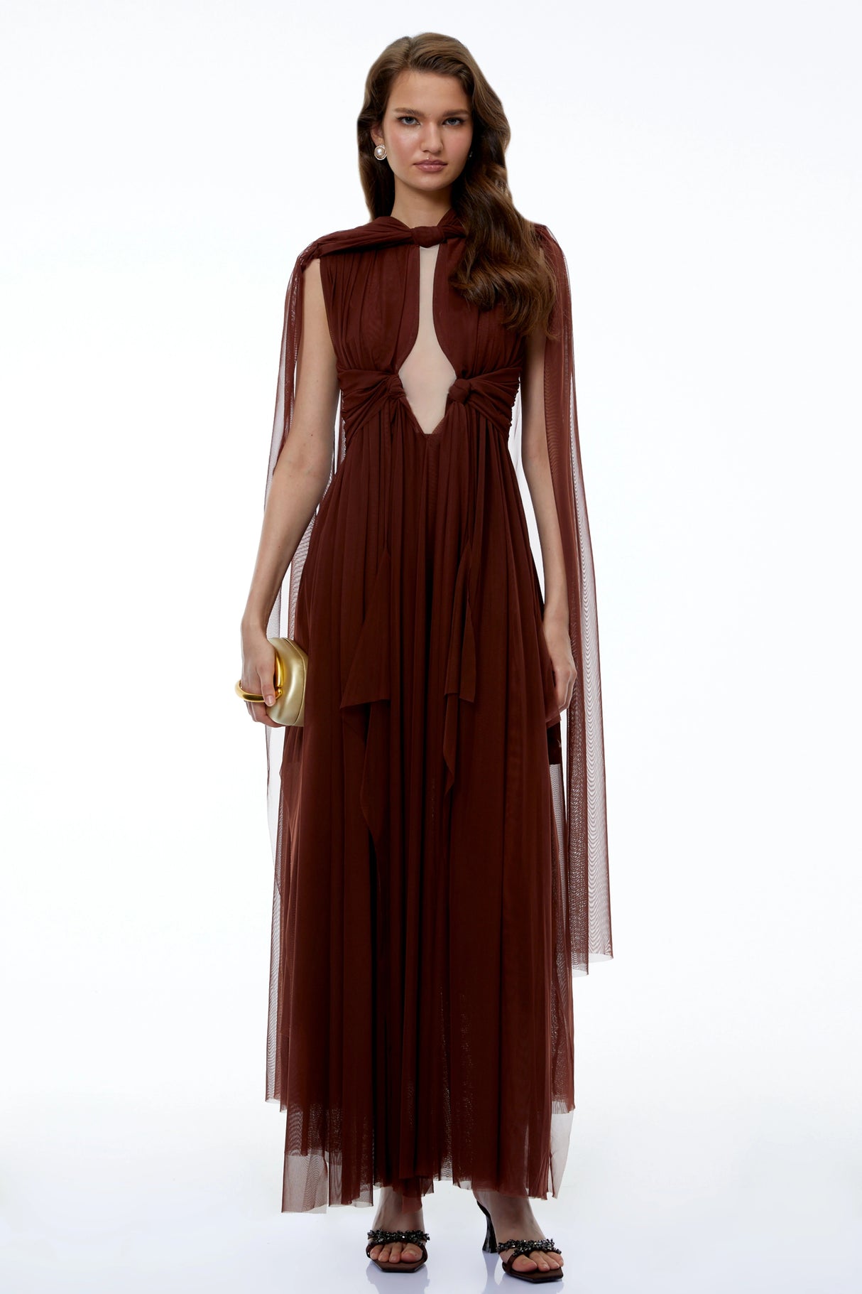 Lisbet Chocolate Brown Ruched Maxi Dress with Cape Sleeves