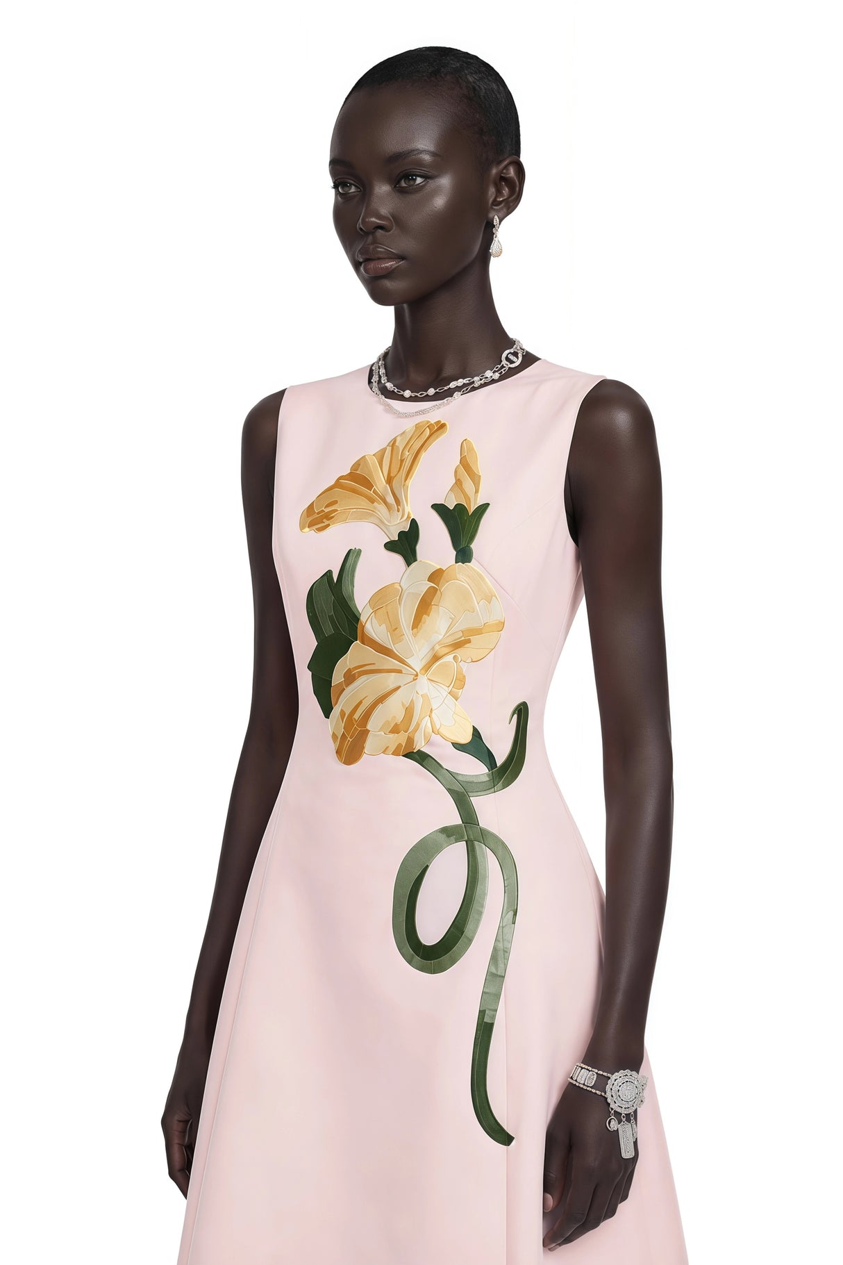 Livia Pink ALine Midi Dress with Floral Applique