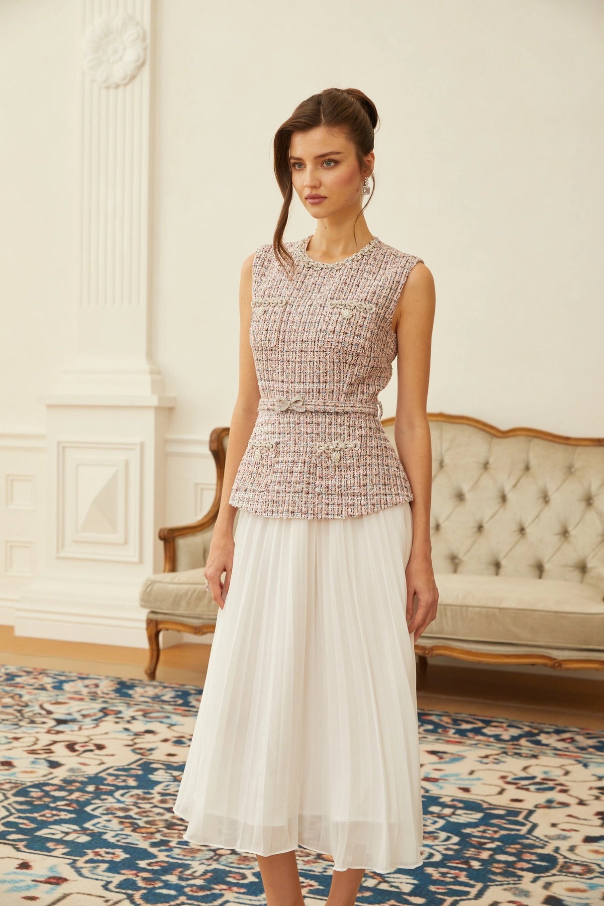 Lola Pink Embellished Tweed Panel Midi Dress