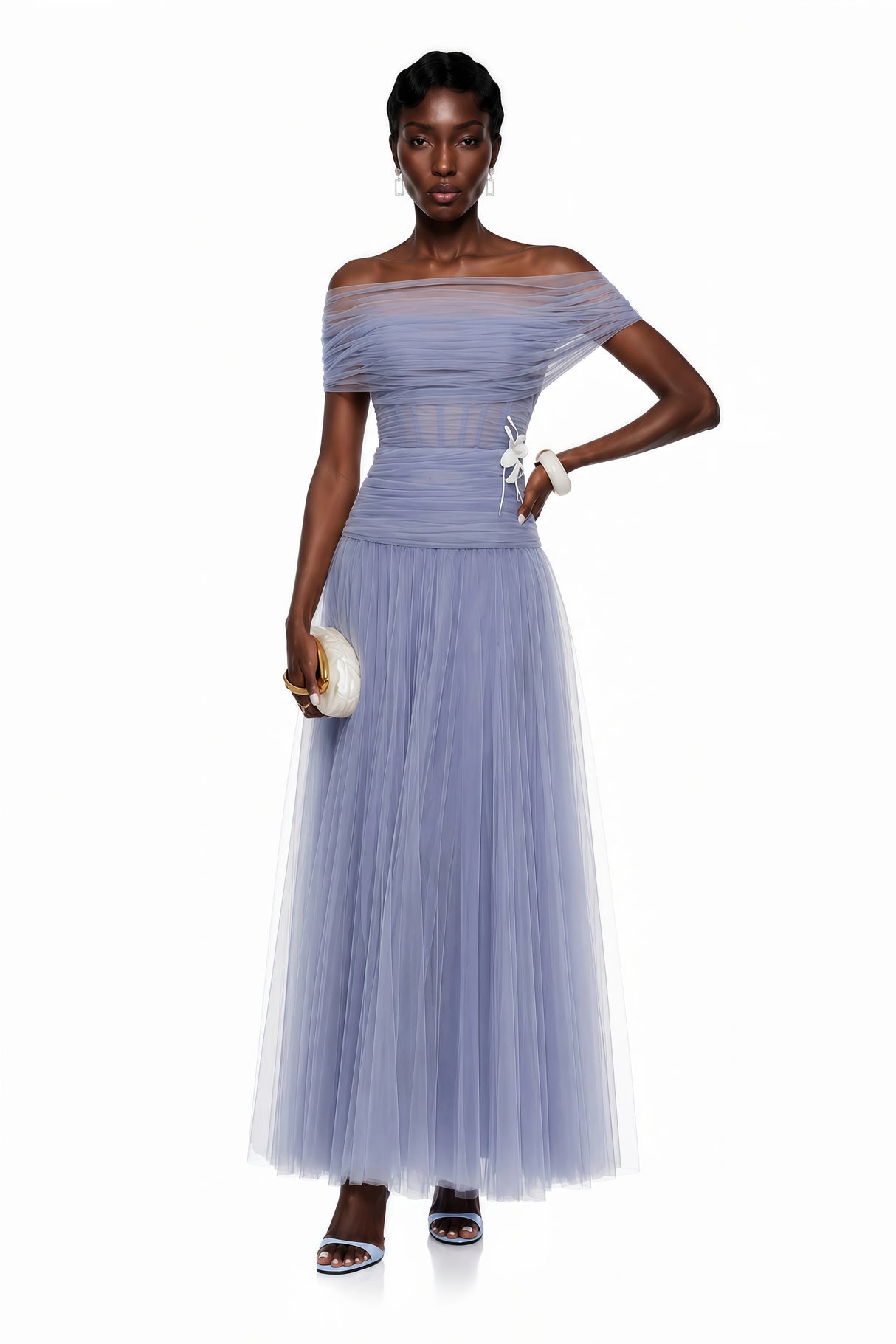 Lolwa Blue Ruched Maxi Dress with 3D Petals