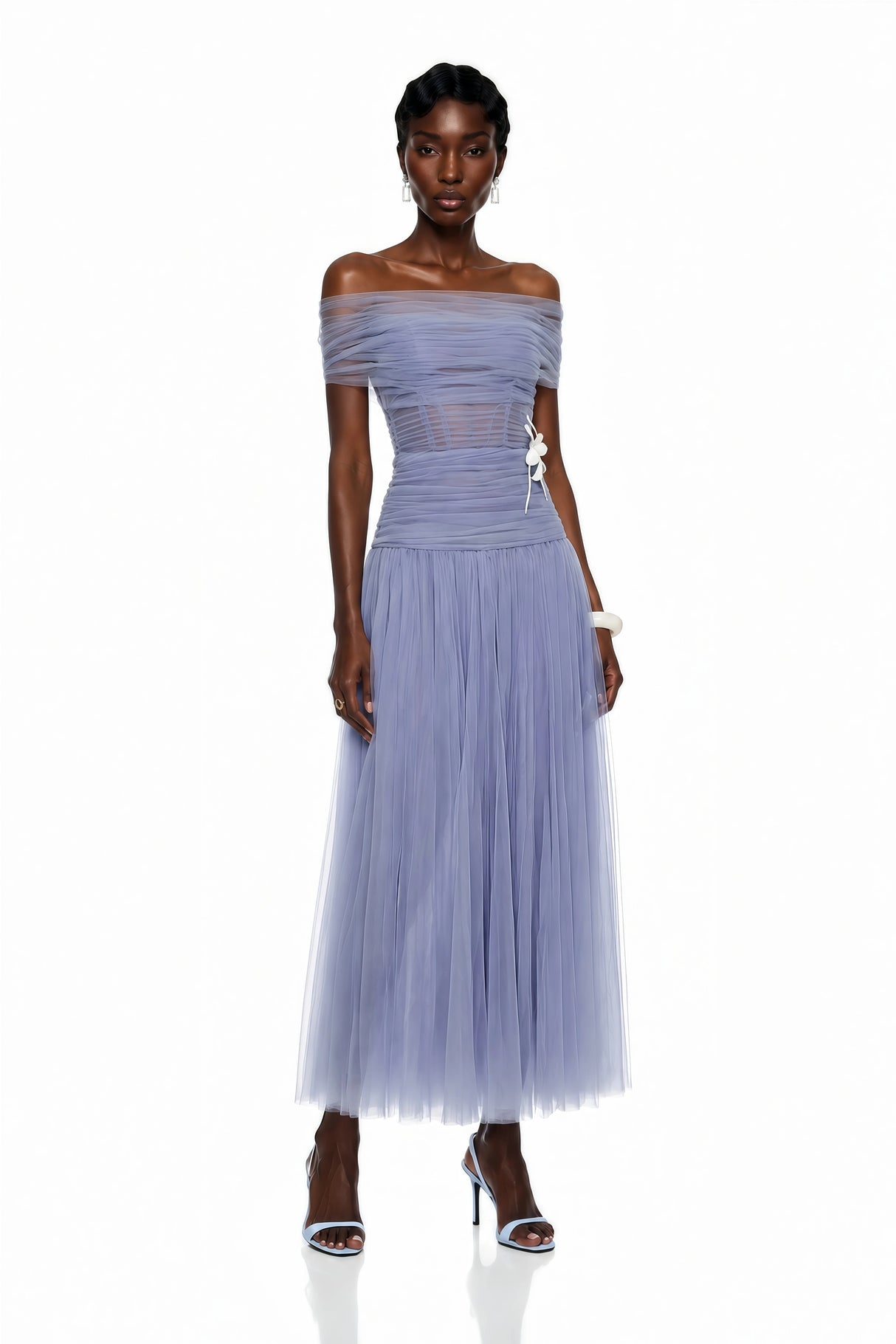Lolwa Blue Ruched Maxi Dress with 3D Petals