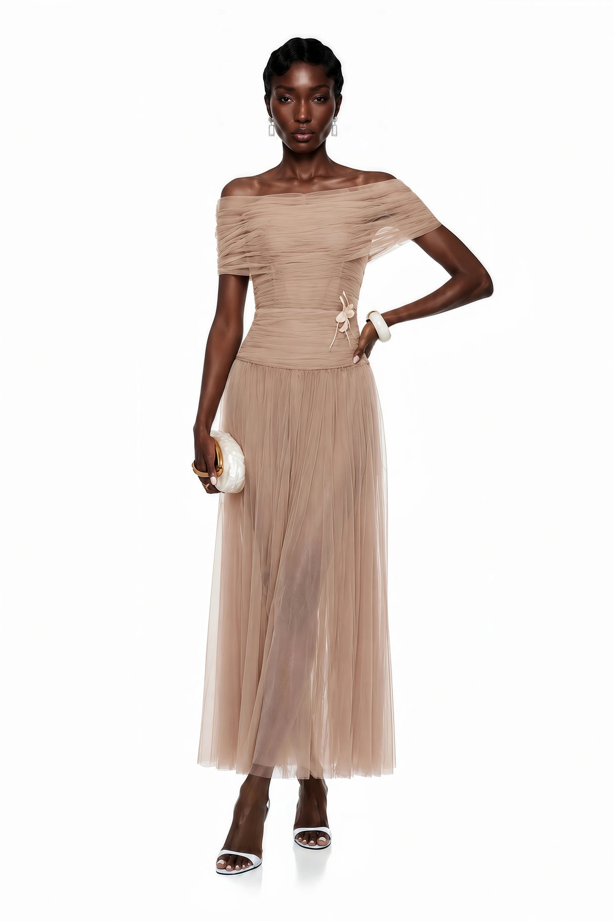 Lolwa Khaki Ruched Maxi Dress with 3D Petals