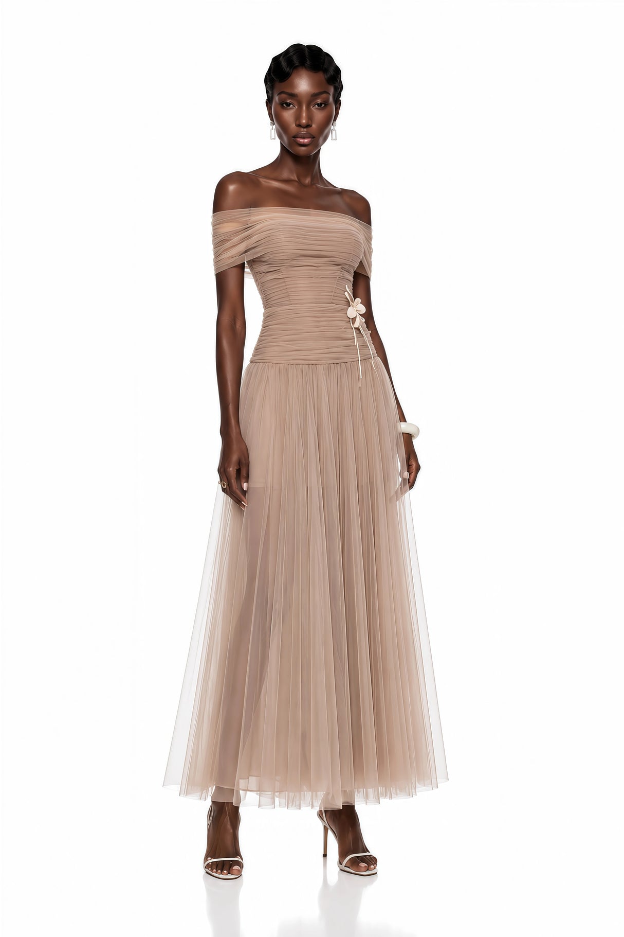 Lolwa Khaki Ruched Maxi Dress with 3D Petals