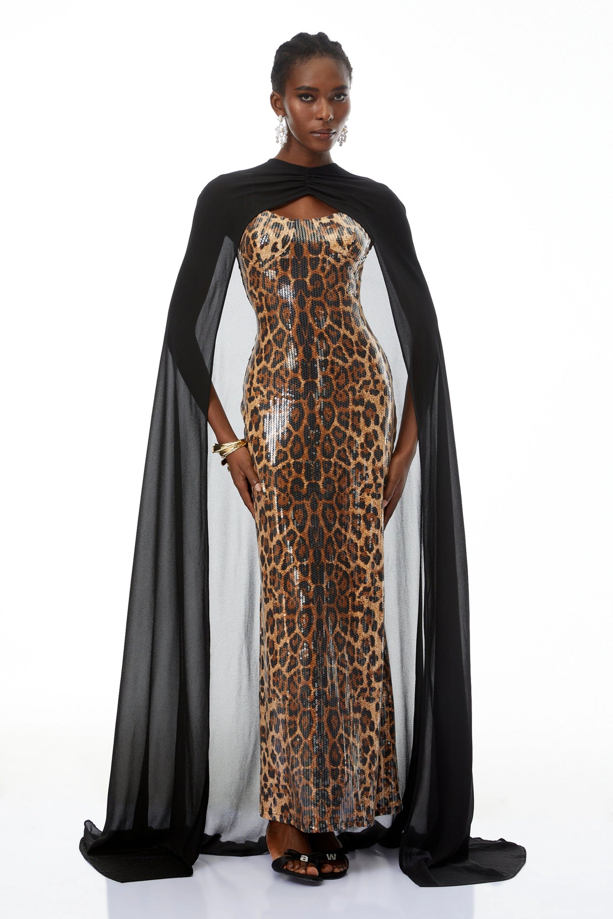 Lorenzo Black Cape Leopard Print Maxi Dress Set