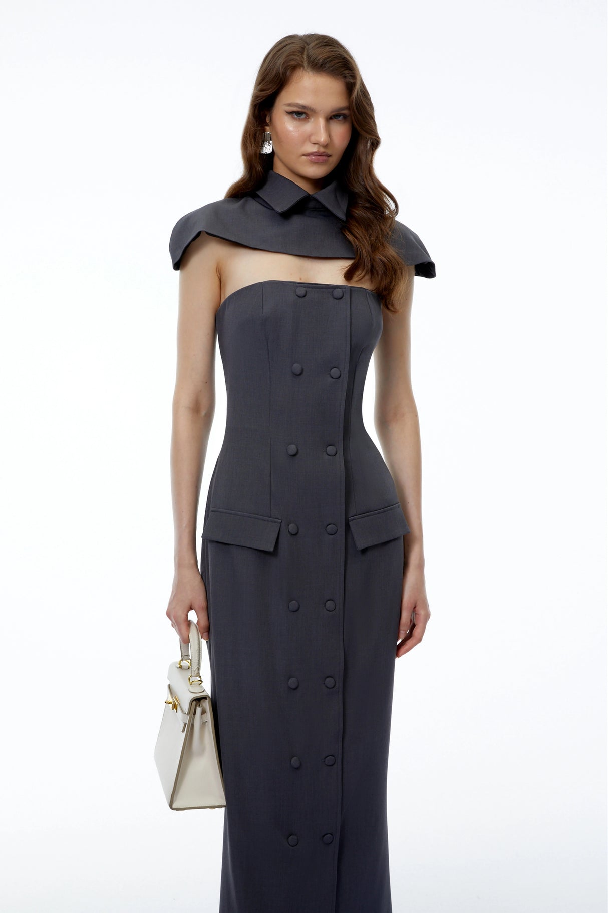 Lotte Grey Cape Pantsuit with Buttons