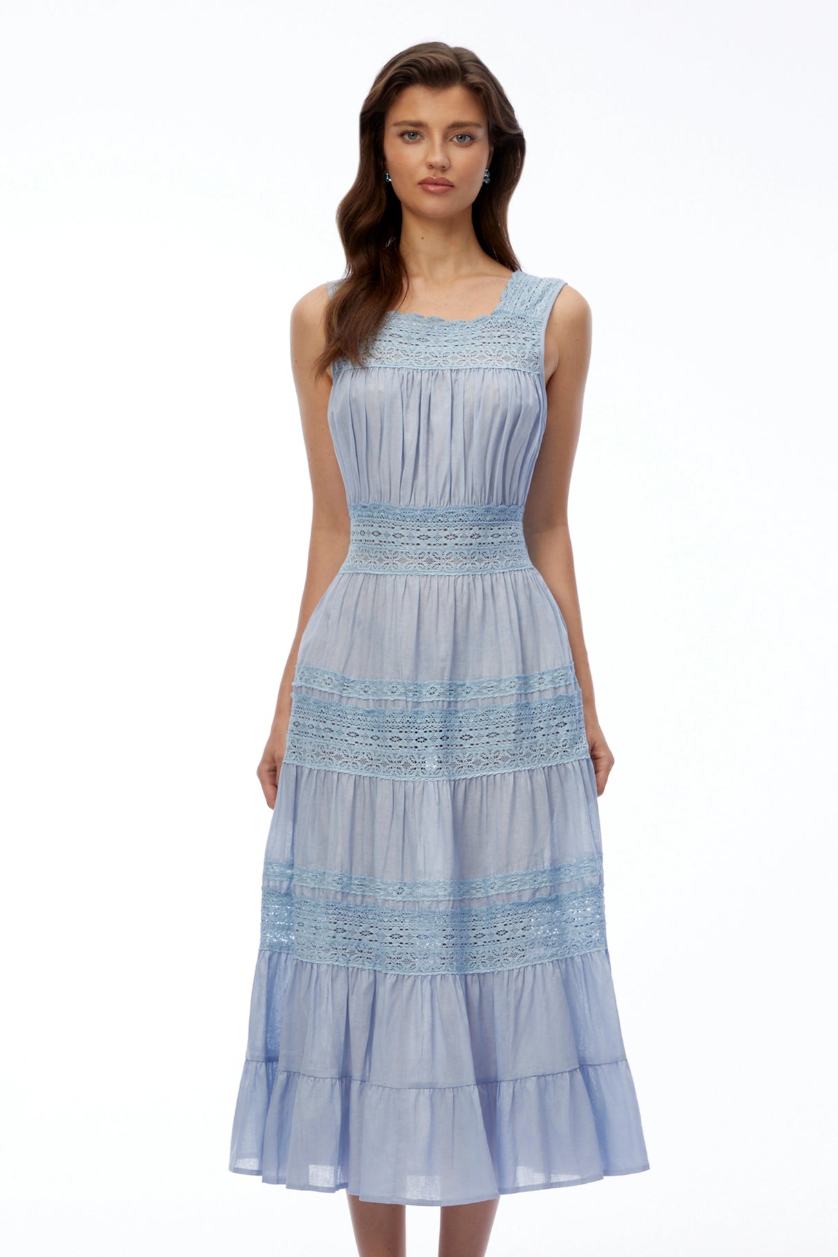 Lottie Blue Pleated Midi Dress with Lace Panels