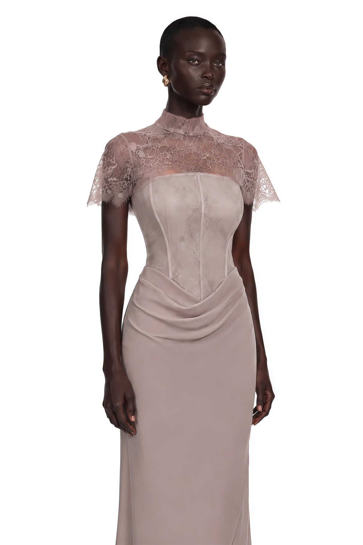 Lovise Neutral Ruched Maxi Dress with Lace Cape