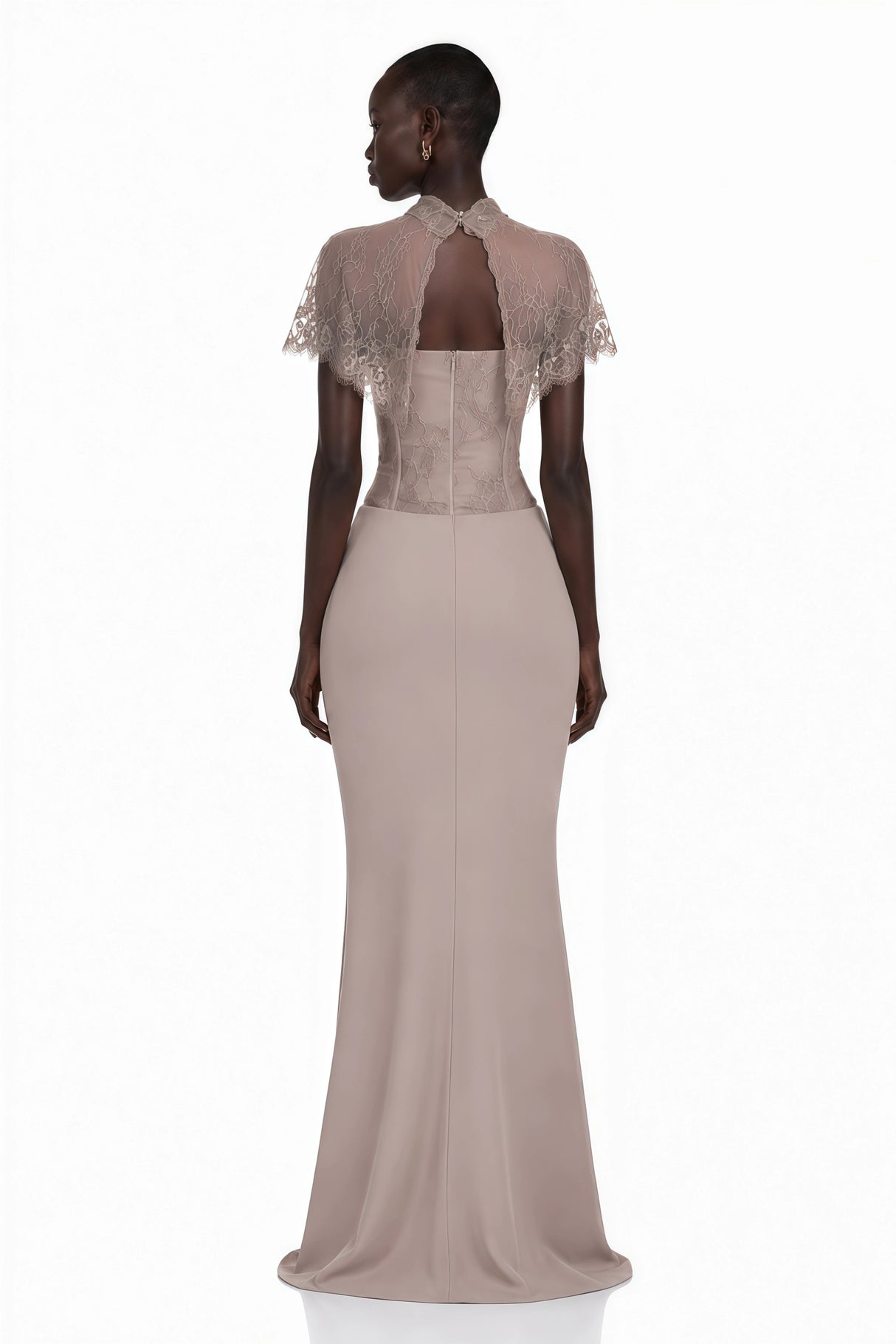 Lovise Neutral Ruched Maxi Dress with Lace Cape