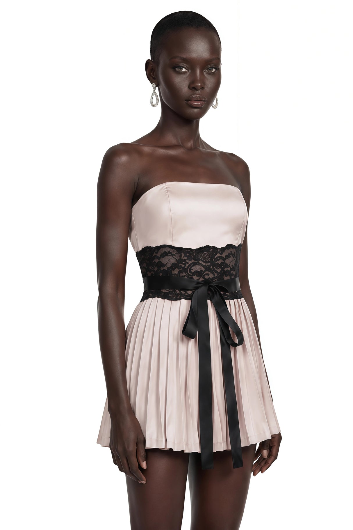 Luciana Champagne Off Shoulder Mini Dress with Lace Panels