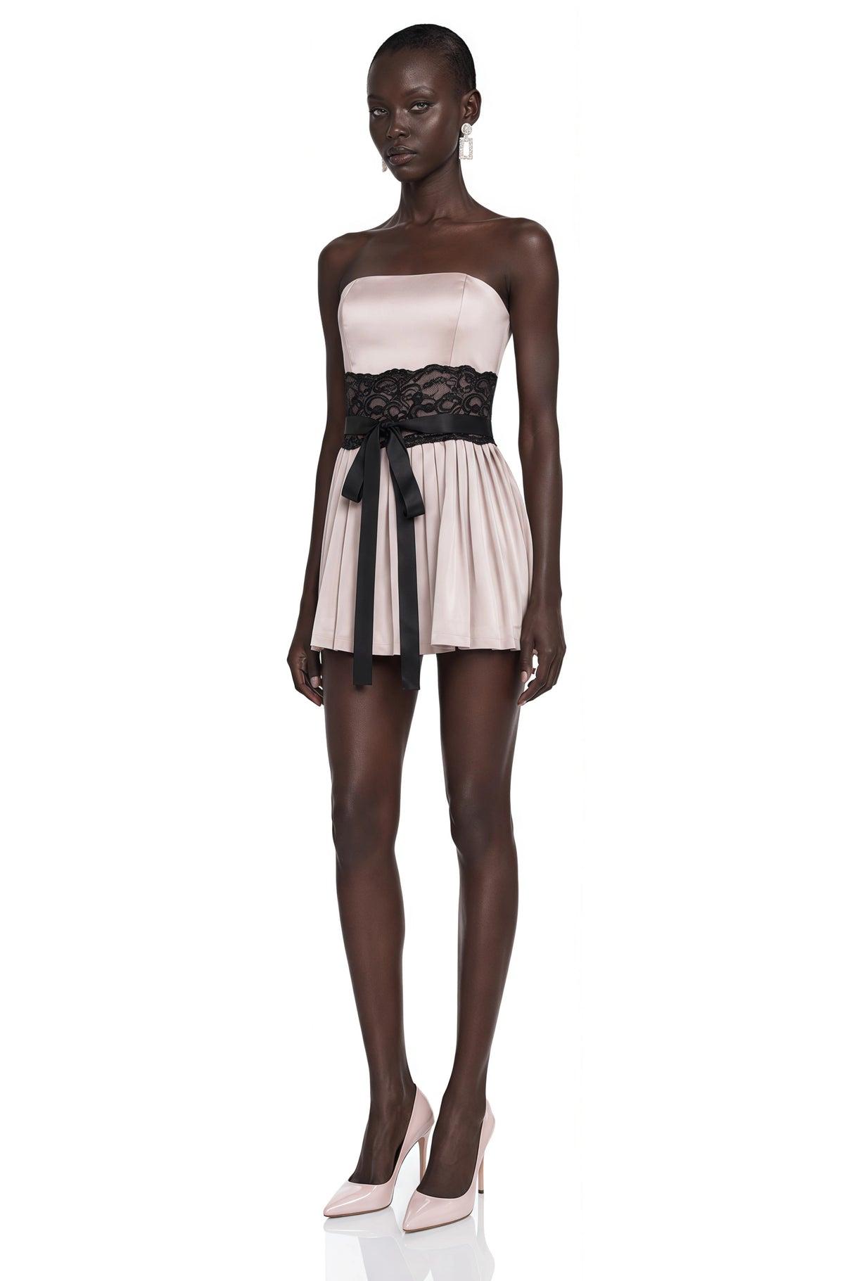 Luciana Champagne Off Shoulder Mini Dress with Lace Panels