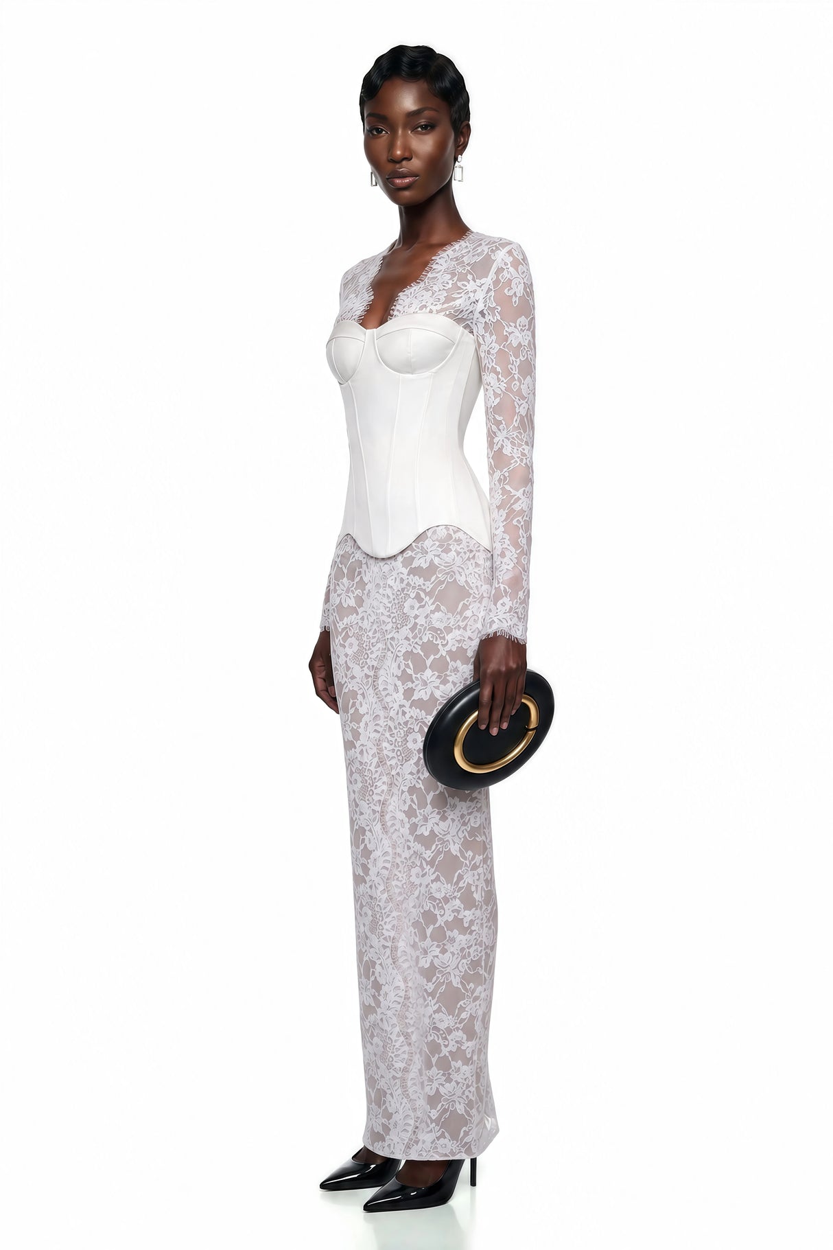 Luciana White Plunge Neck Maxi Dress with Lace Panel