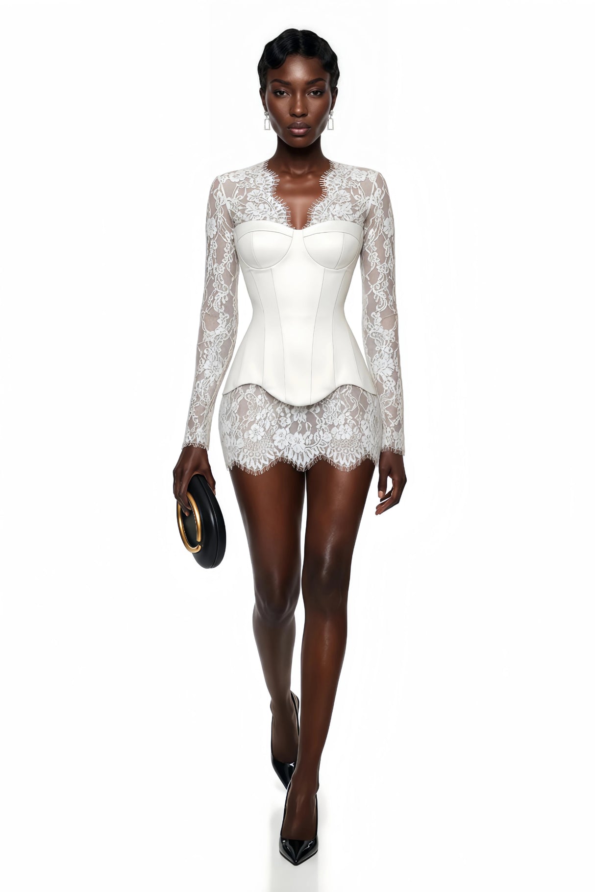 Luciana White Plunge Neck Mini Dress with Lace Panel