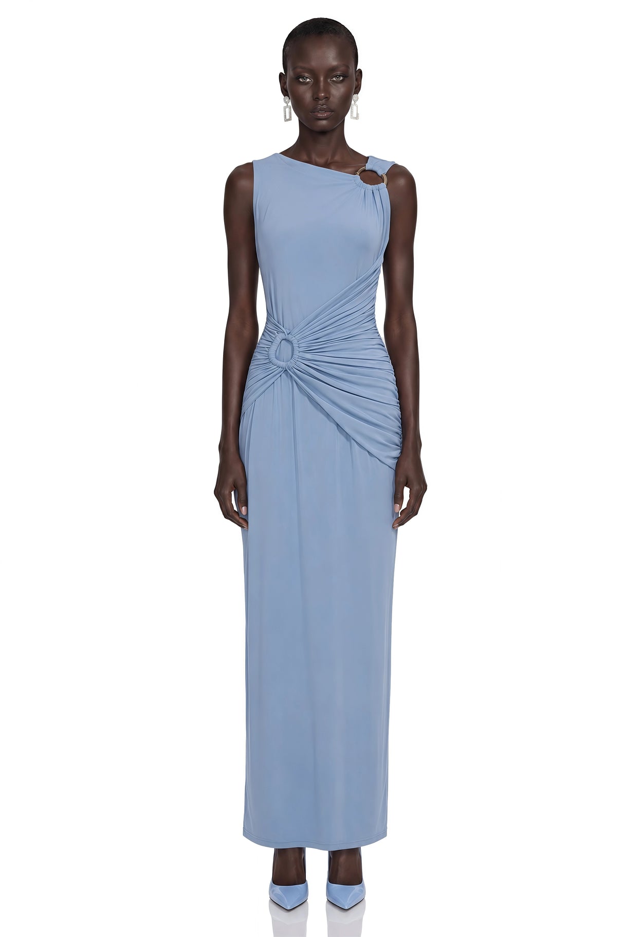 Ludmila Blue Ruched Maxi Dress with Metal Buckles