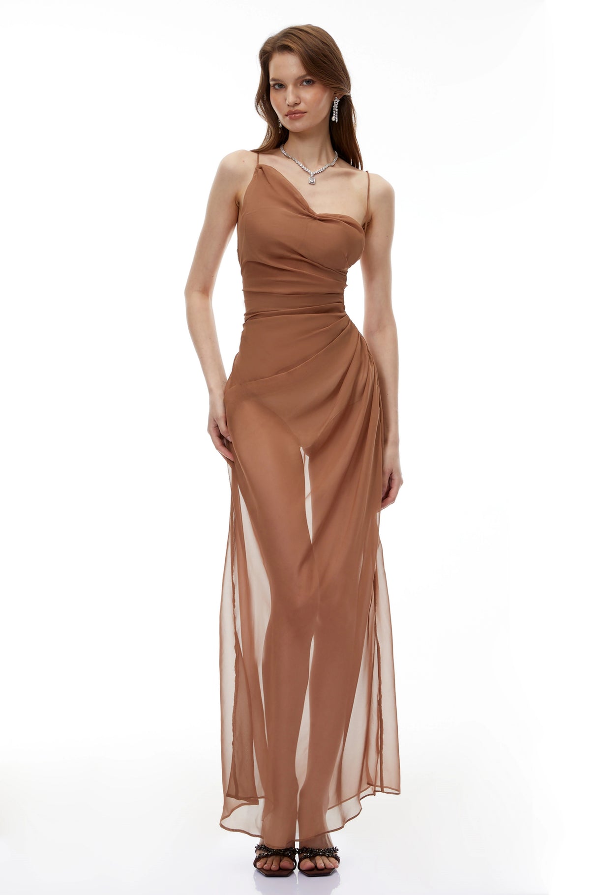 Ludmila Camel SemiSheer Ruched Maxi Dress