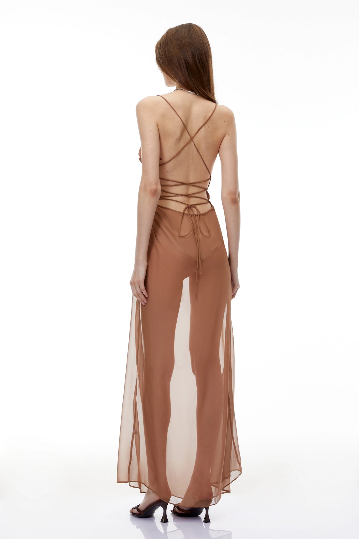 Ludmila Camel SemiSheer Ruched Maxi Dress