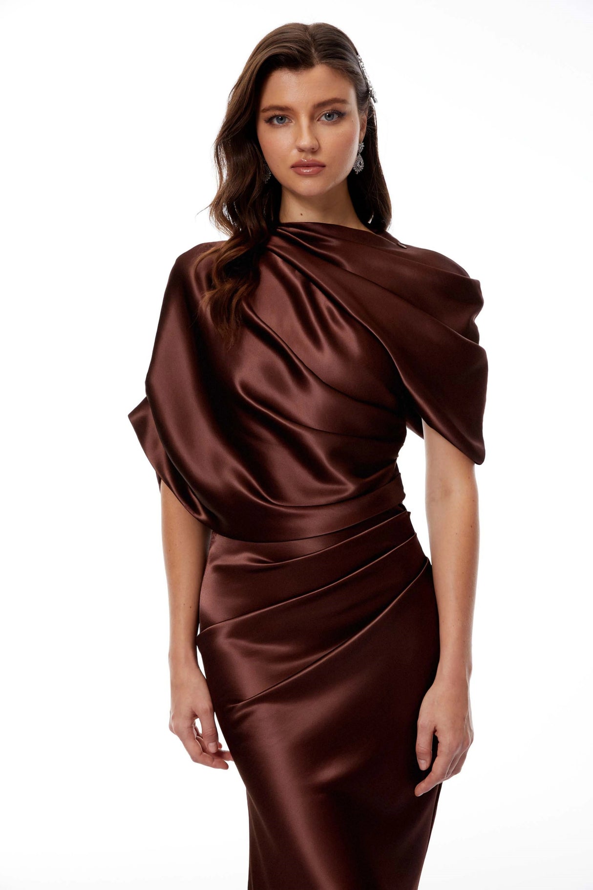 Luisa Brown Asymmetrical Gathered Satin Maxi Dress
