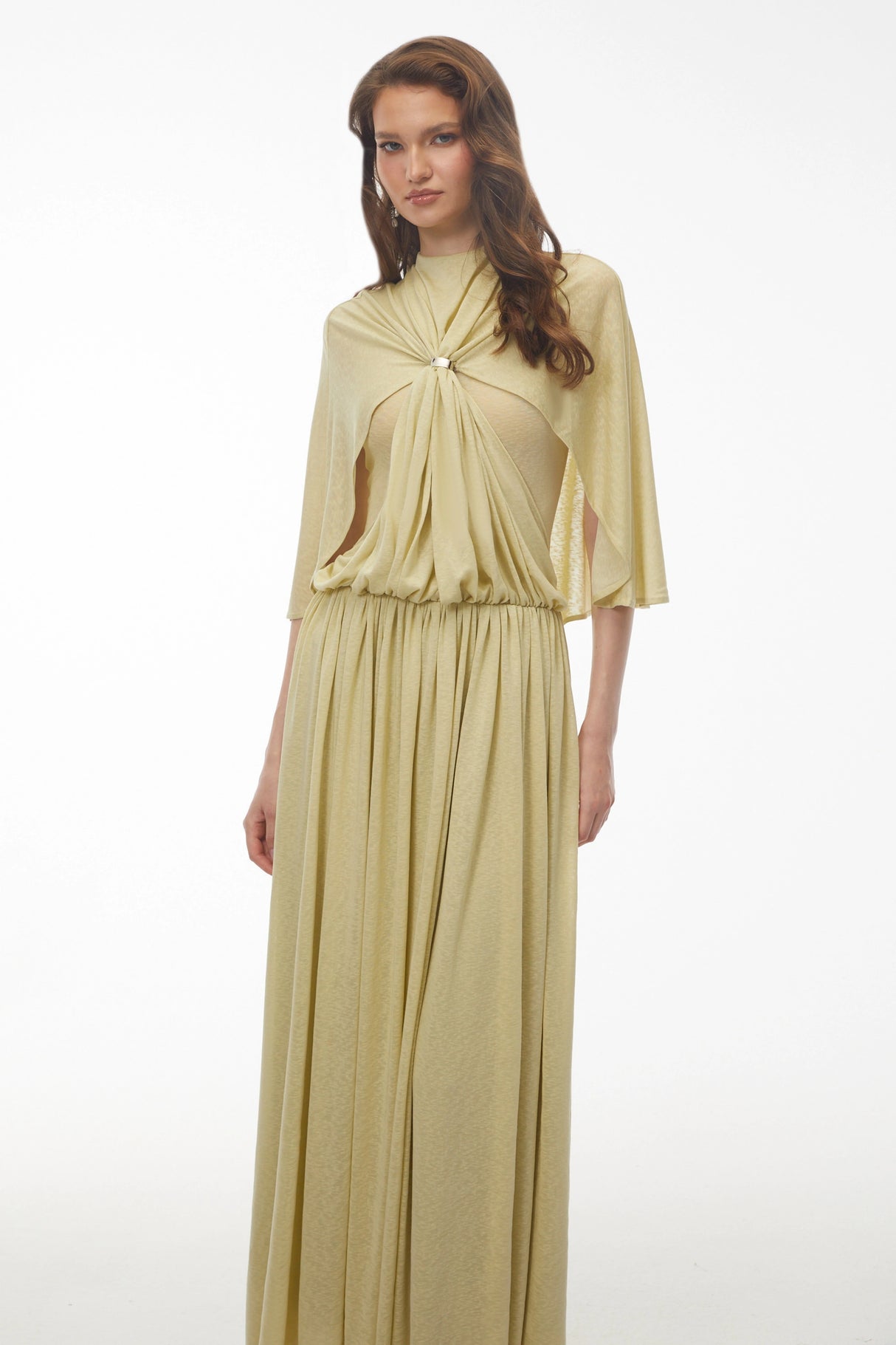 Luluwah Emerald Green Mock Neck Pleated Maxi Dress