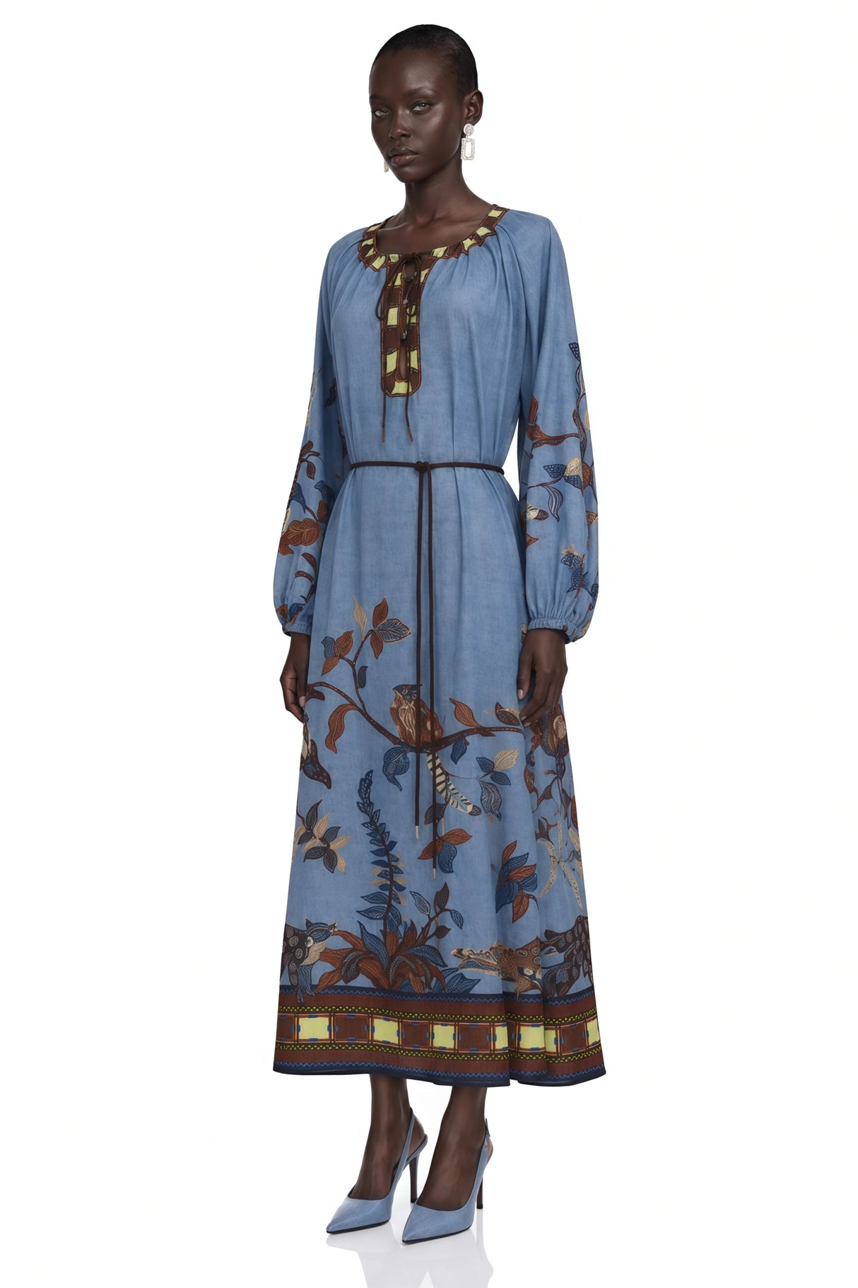 Lunaria Blue Printed Long Sleeve Midi Dress